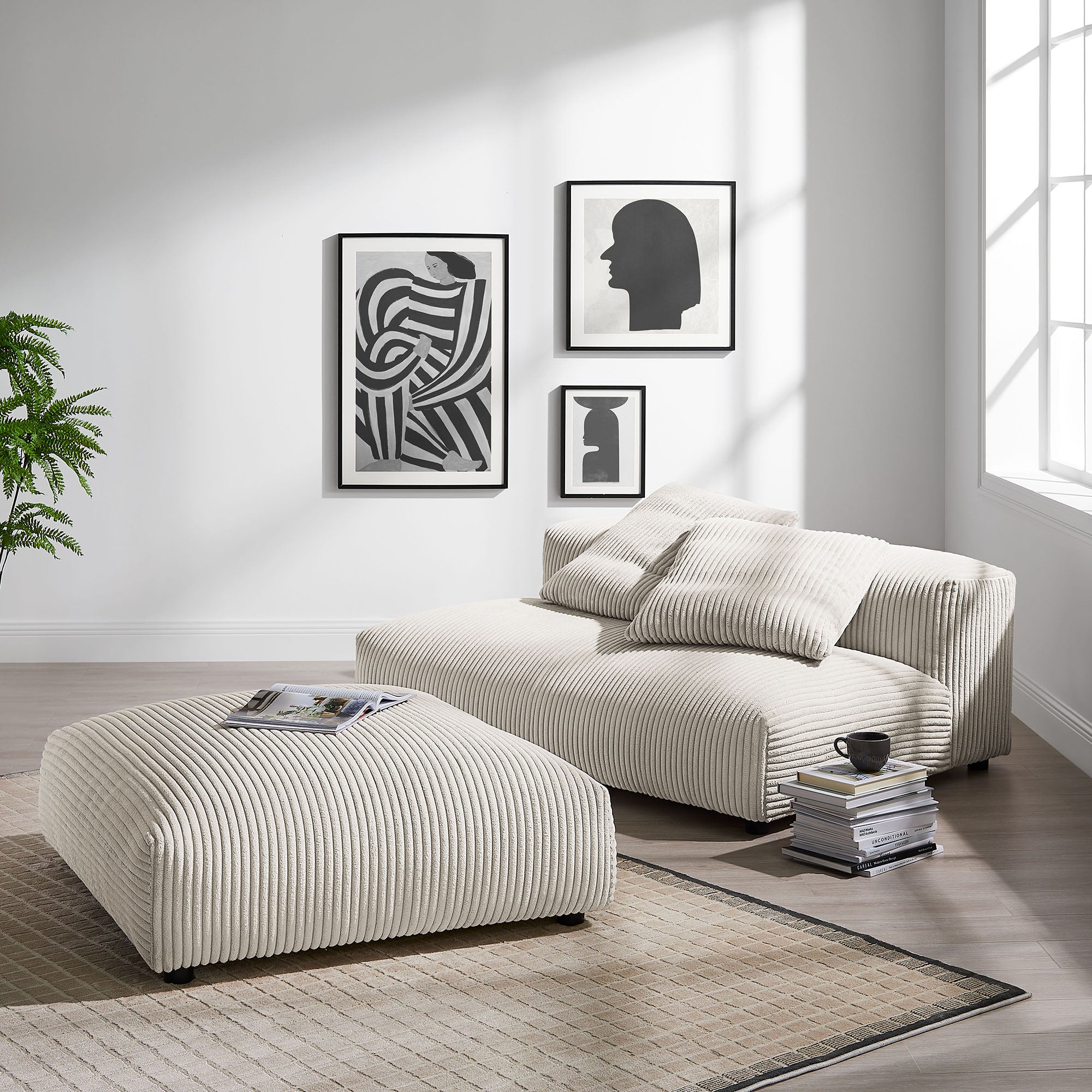 Solace Modular Corduroy Upholstered Armless Loveseat and Ottoman Set, Almond