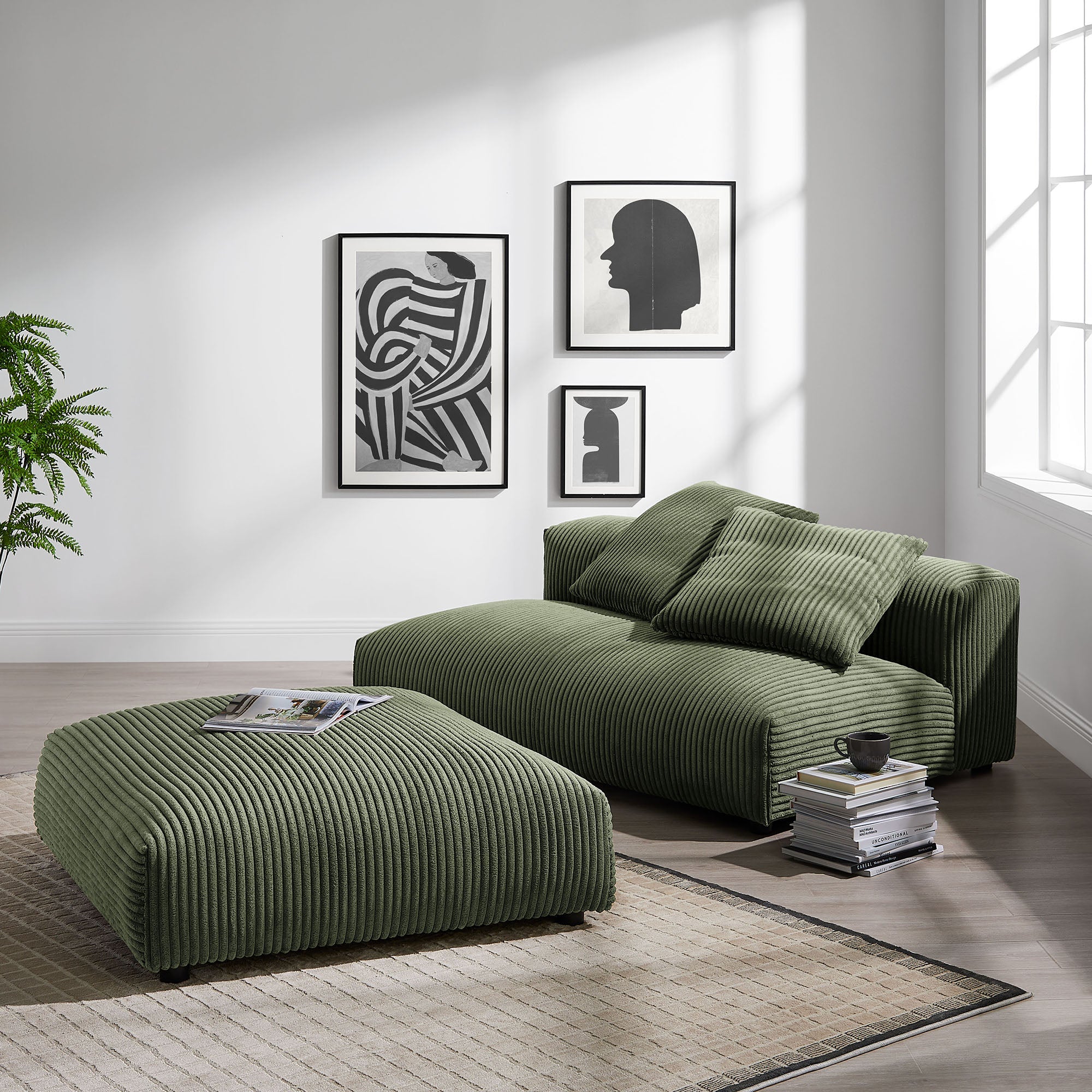 Solace Modular Corduroy Upholstered Armless Loveseat and Ottoman Set, Fern