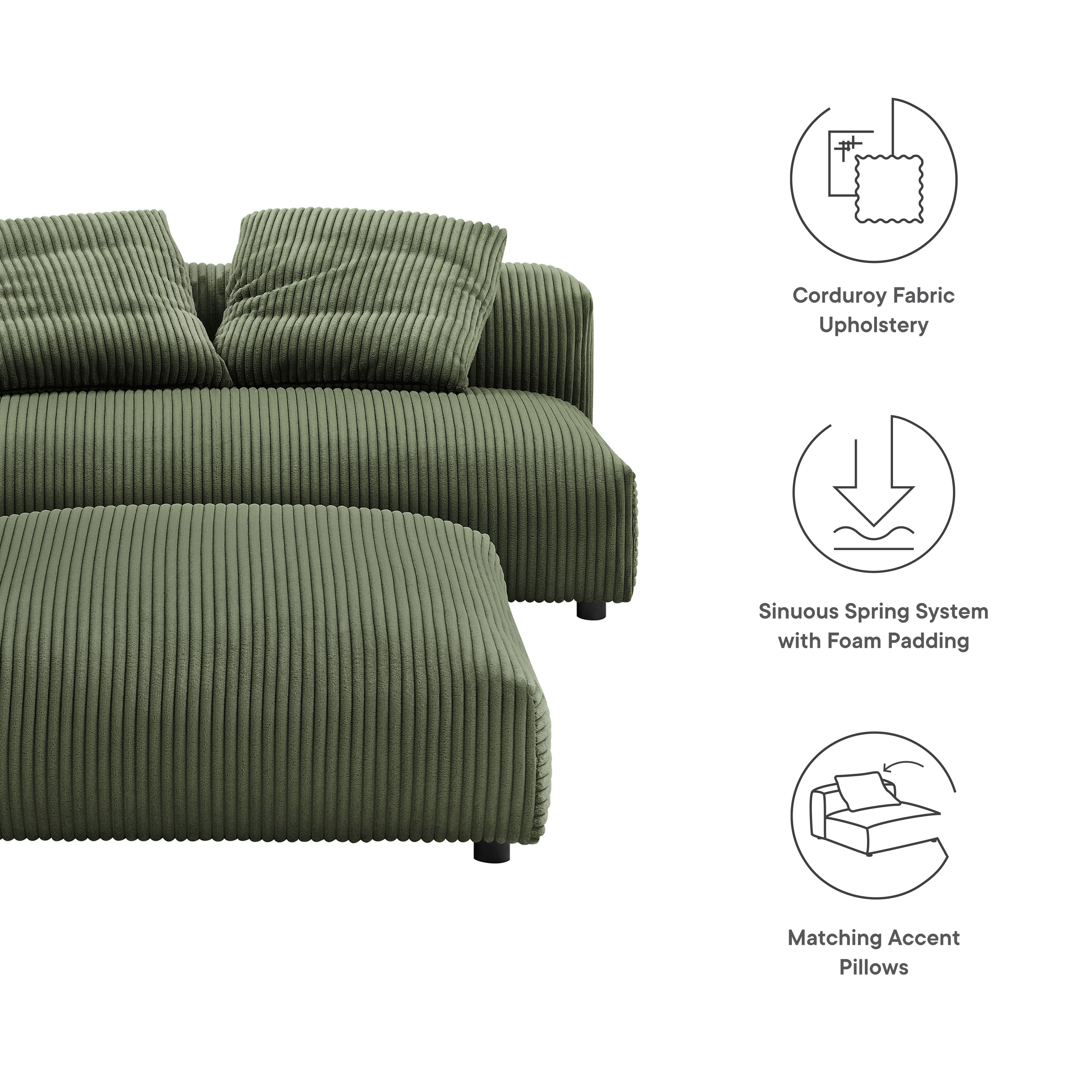 Solace Modular Corduroy Upholstered Armless Loveseat and Ottoman Set, Fern