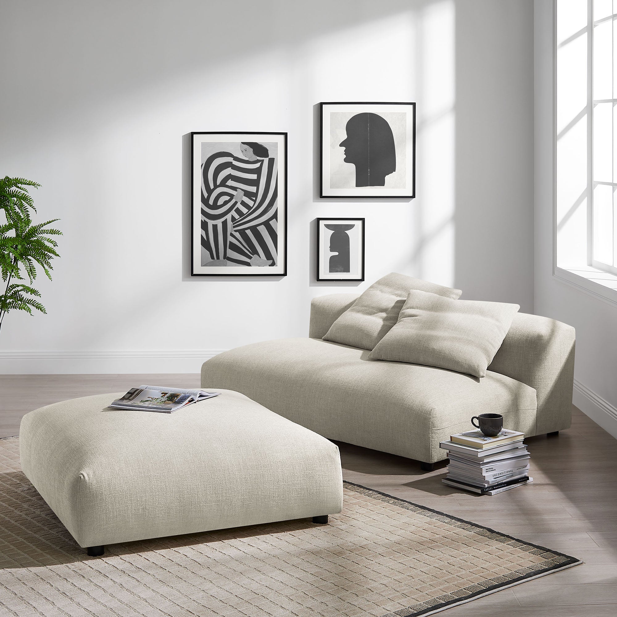 Solace Modular Upholstered Fabric Armless Loveseat and Ottoman Set, Linen