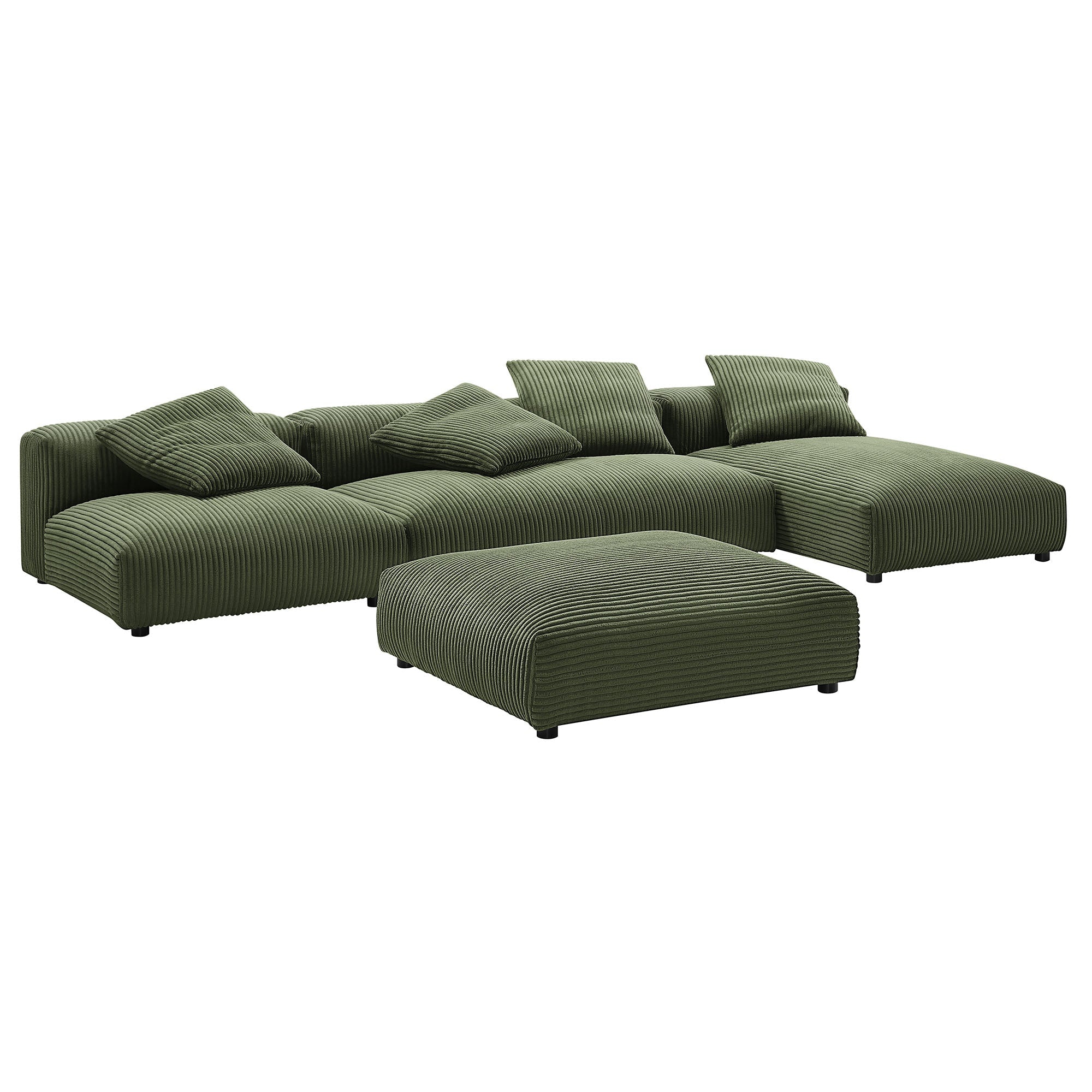 Solace 4-Piece Modular Corduroy Upholstered Sectional Sofa With Ottoman, Fern