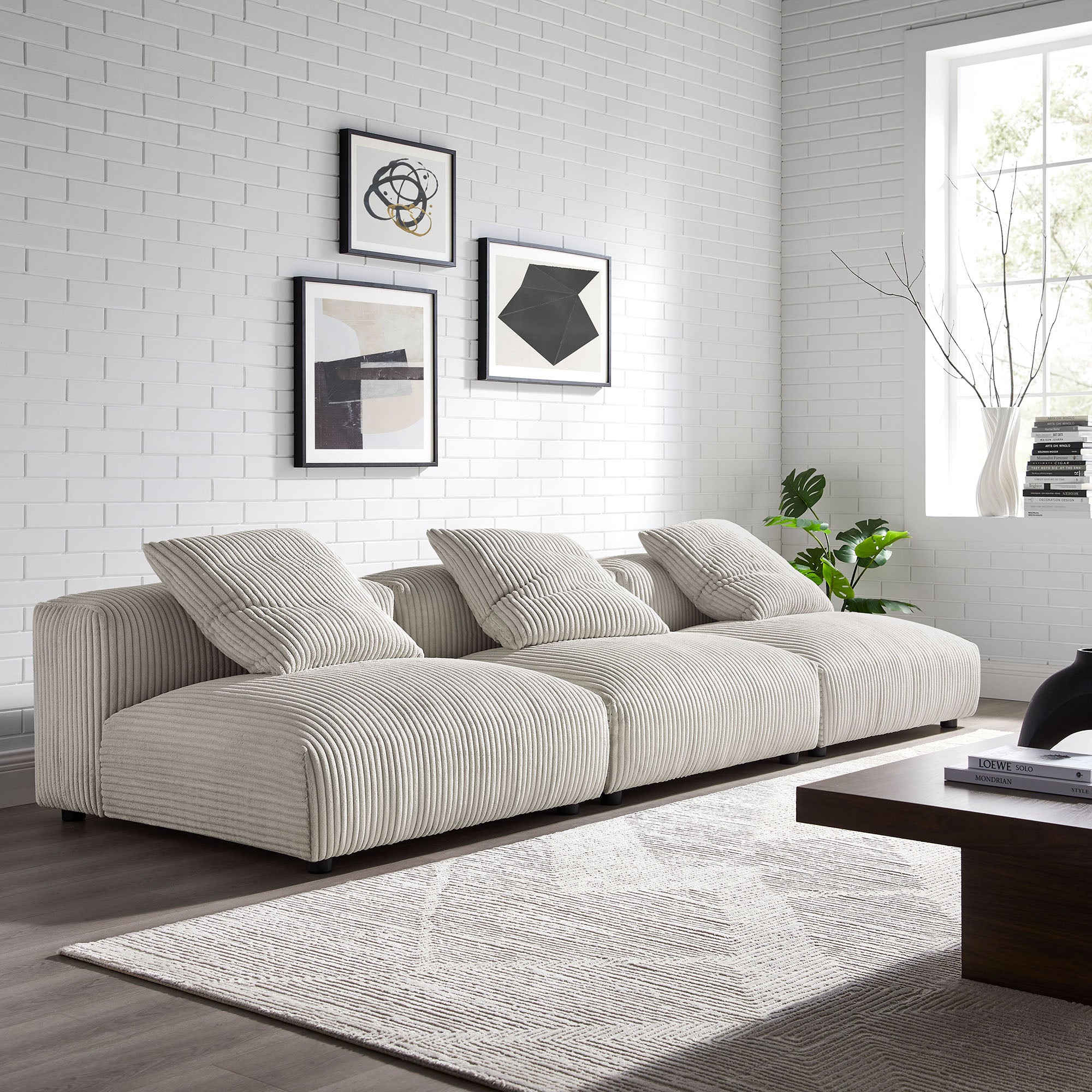 Solace 3-Piece Modular Corduroy Upholstered Sofa, Almond