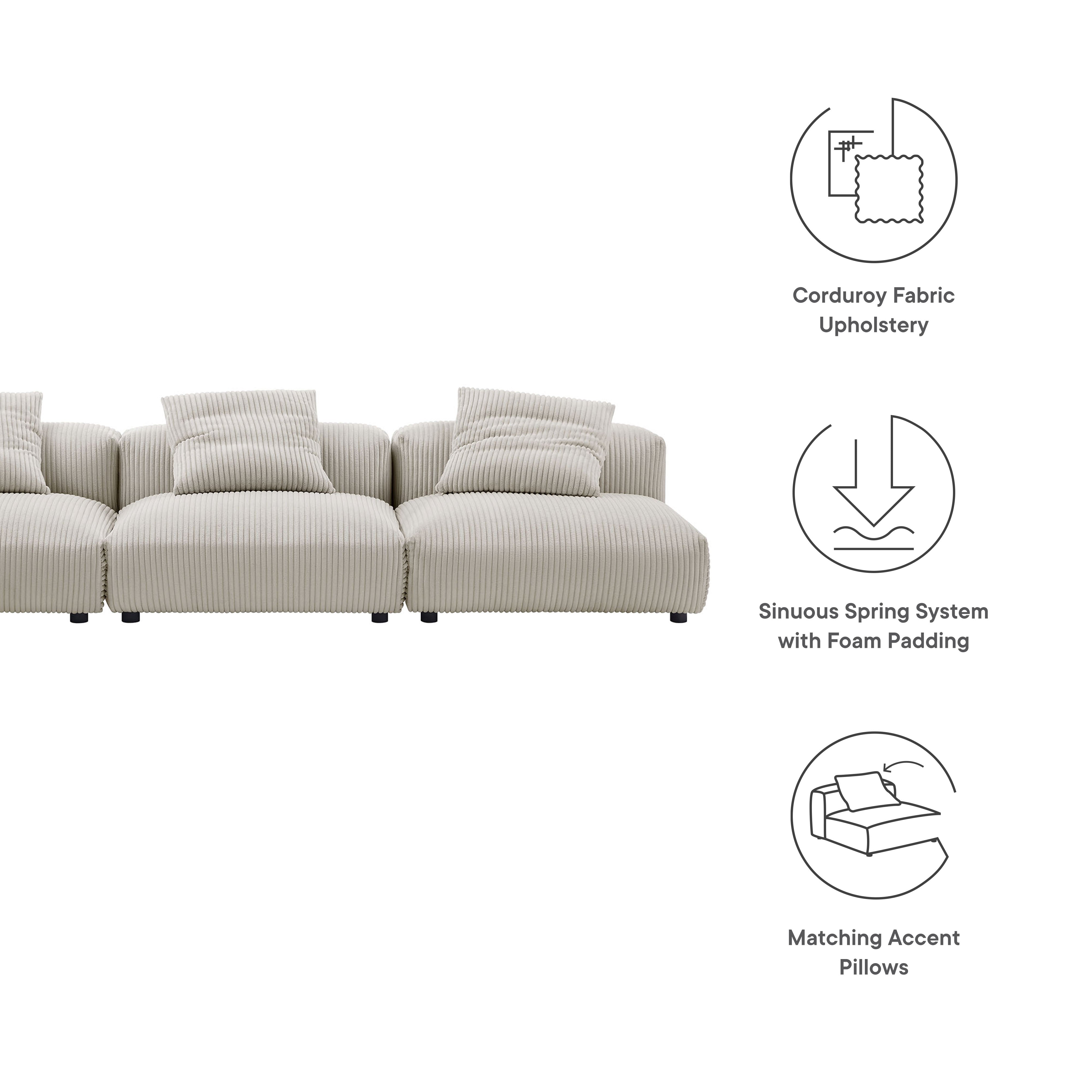 Solace 3-Piece Modular Corduroy Upholstered Sofa, Almond
