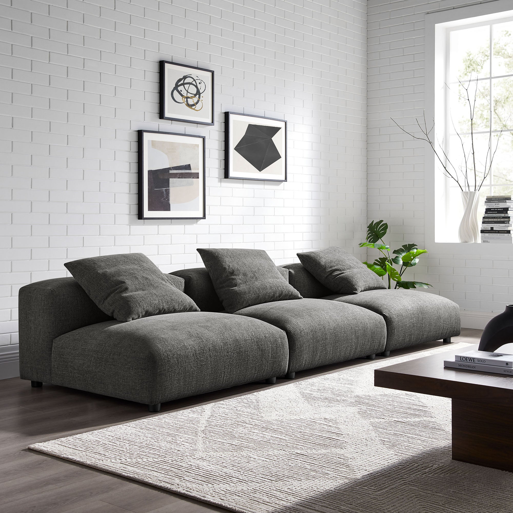 Solace 3-Piece Modular Upholstered Fabric Sofa, Charcoal
