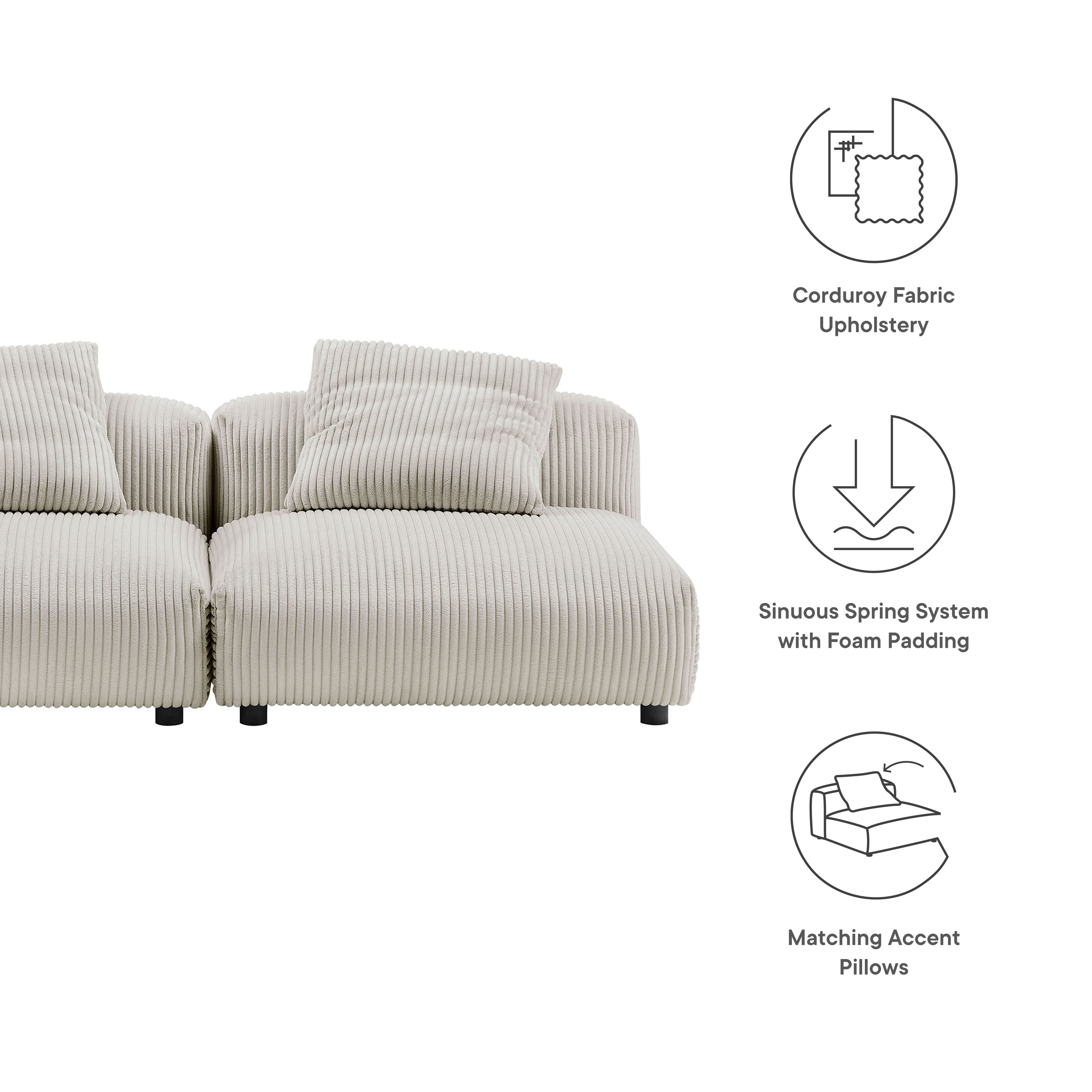 Solace 2-Piece Modular Corduroy Upholstered Sofa, Almond