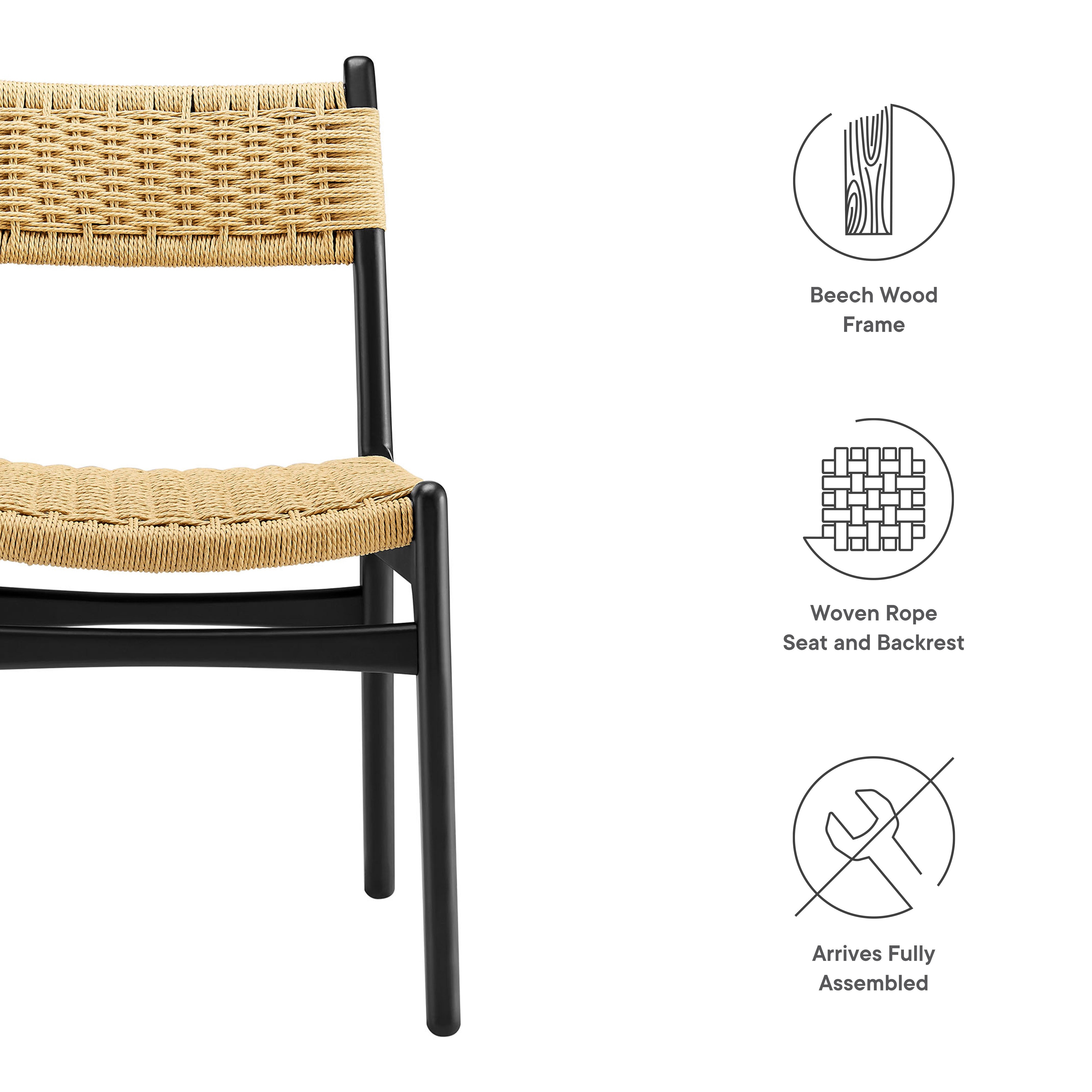 Wynn Rope and Wood Dining Side Chairs Set of 2, Black Natural
