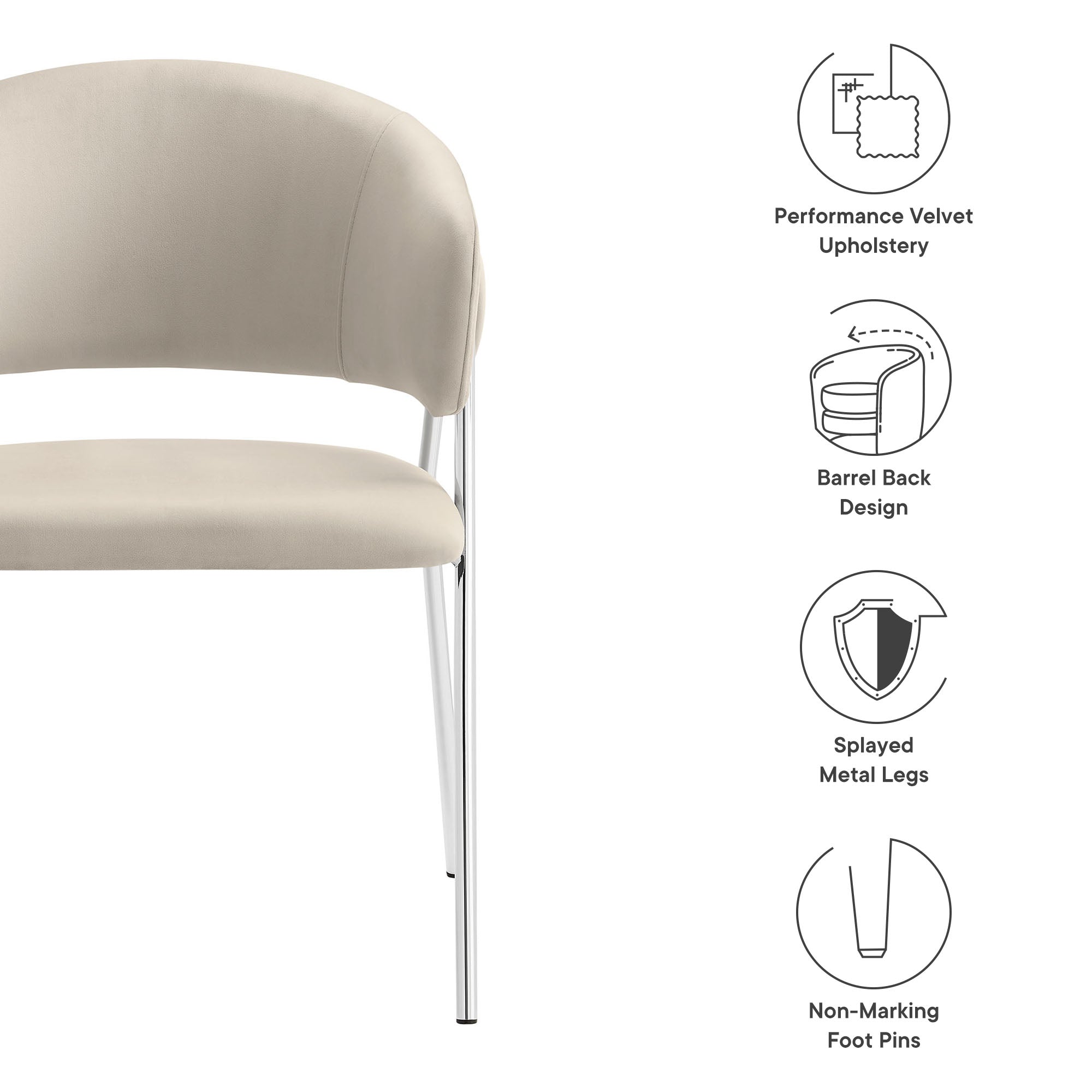 Nella Upholstered Performance Velvet Dining Chair Set of 2, Almond Silver