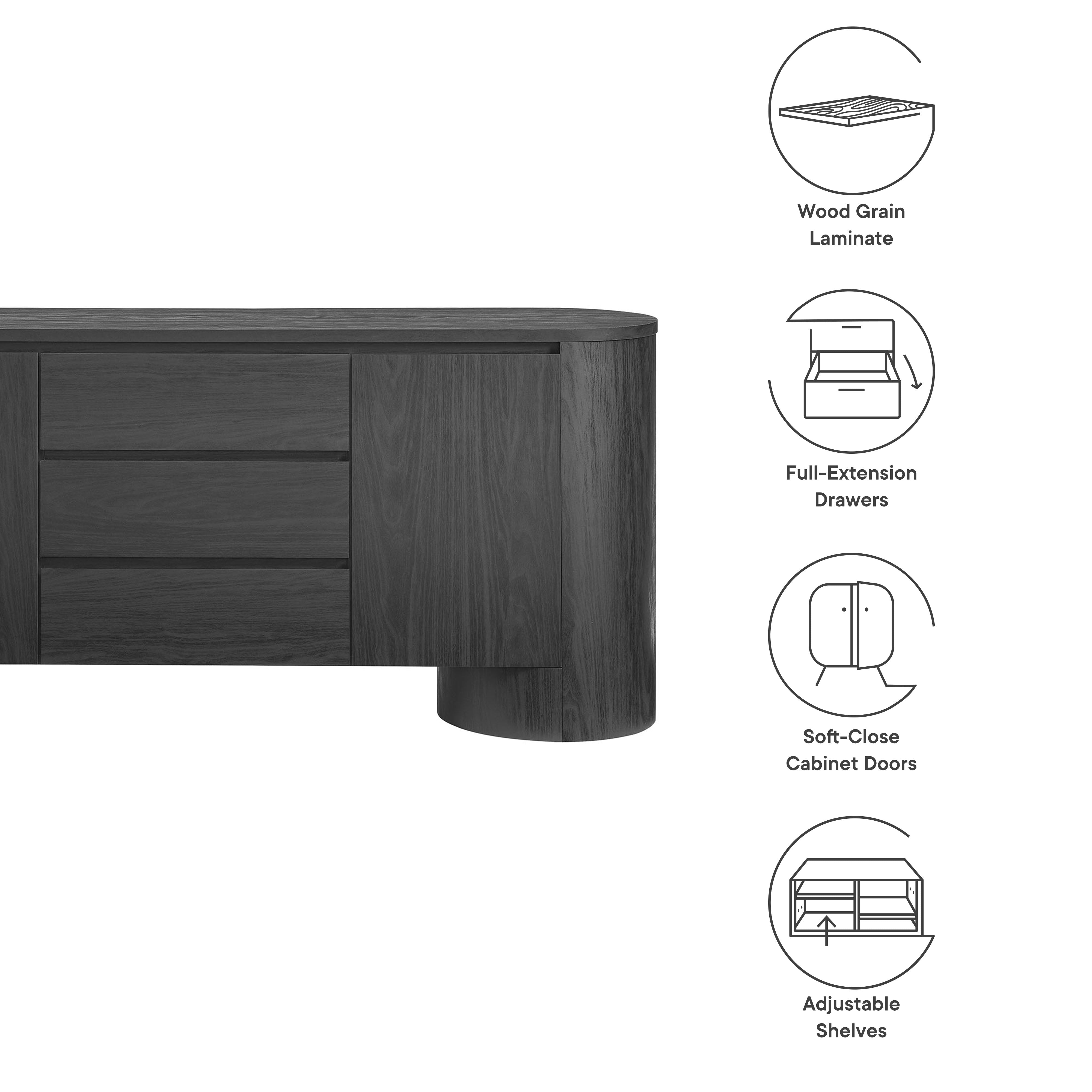 Duval 71" Rounded Sideboard Storage Cabinet, Black