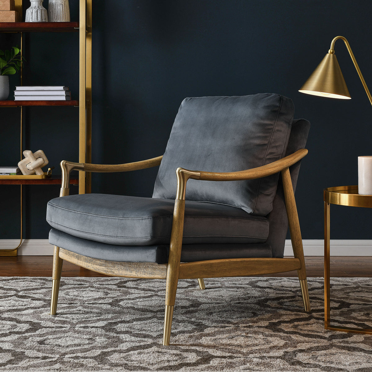 Langford Performance Velvet Accent Armchair, Cadet Blue Walnut