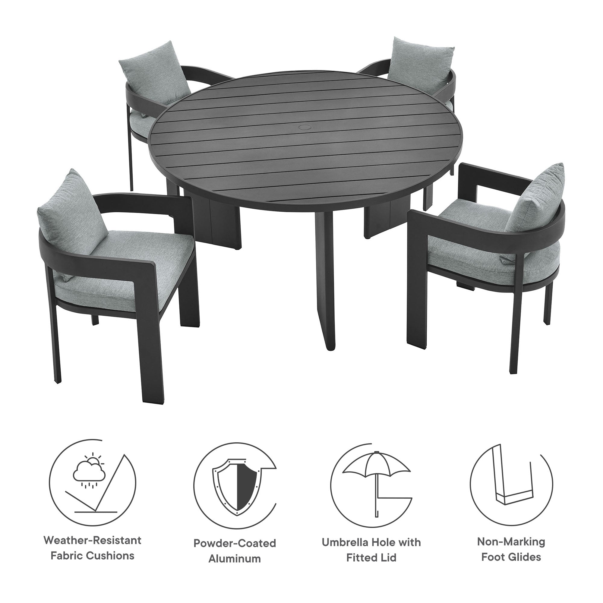 Tahoe 5-Piece Outdoor Patio Aluminum Dining Set, Gray Gray