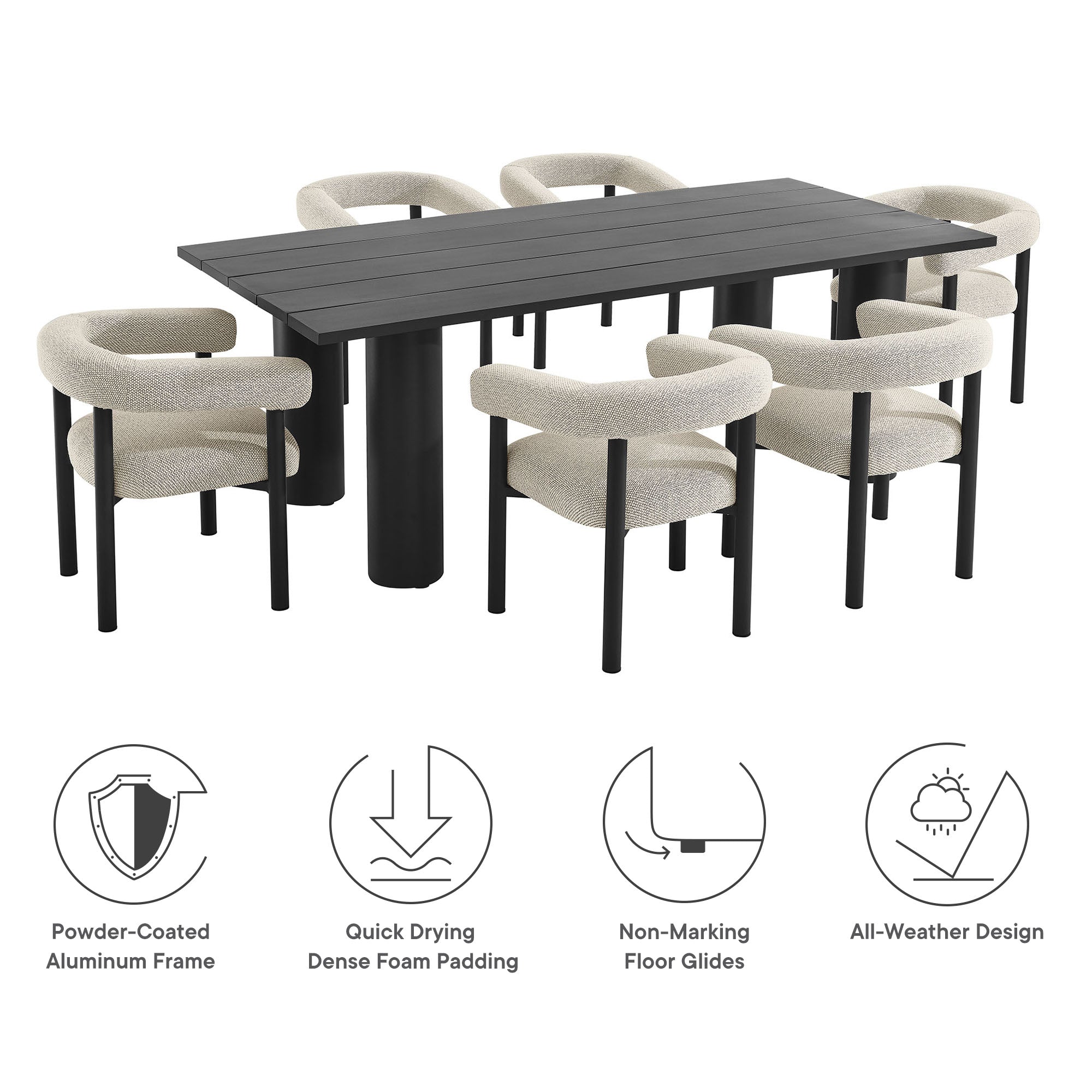 Nautica 7-Piece Rectangular Outdoor Patio Aluminum Dining Table and Chairs Set, Ivory Graphite