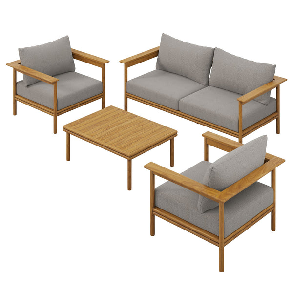 Wren 4-Piece Outdoor Patio Teak Wood Furniture Set, Natural Driftwood