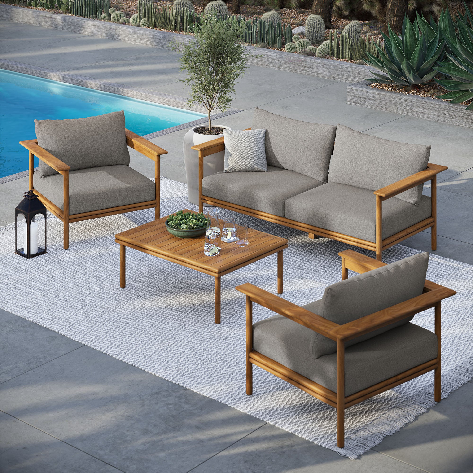 Wren 4-Piece Outdoor Patio Teak Wood Furniture Set, Natural Driftwood