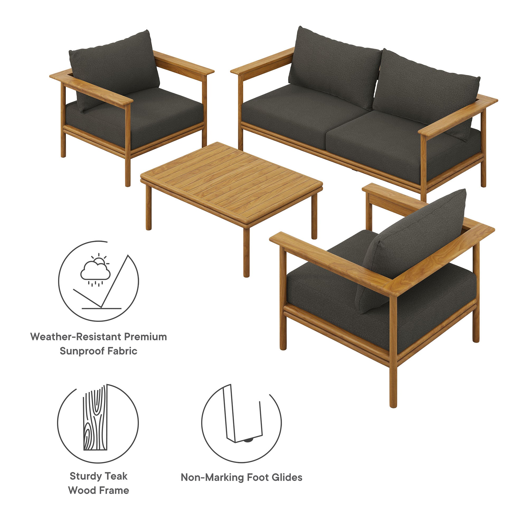 Wren 4-Piece Outdoor Patio Teak Wood Furniture Set, Natural Flint Gray