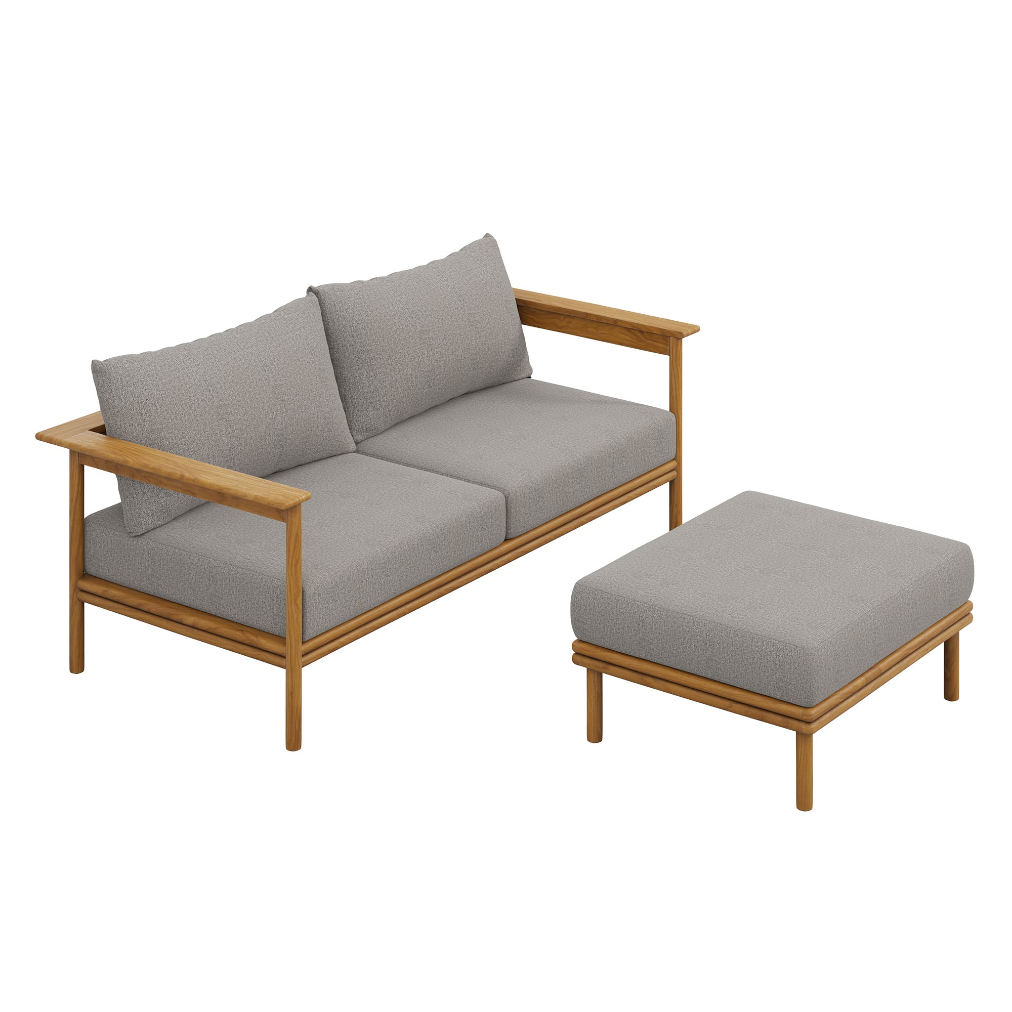 Wren 2-Piece Outdoor Patio Teak Wood Sofa and Ottoman Set, Natural Driftwood