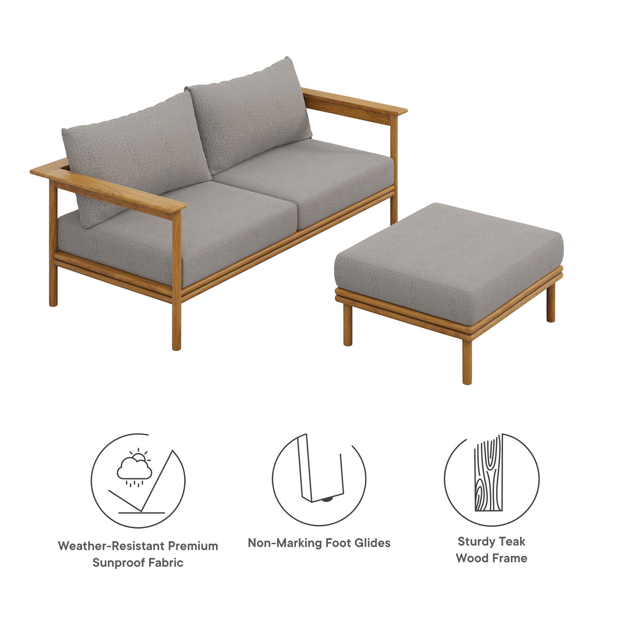 Wren 2-Piece Outdoor Patio Teak Wood Sofa and Ottoman Set, Natural Driftwood
