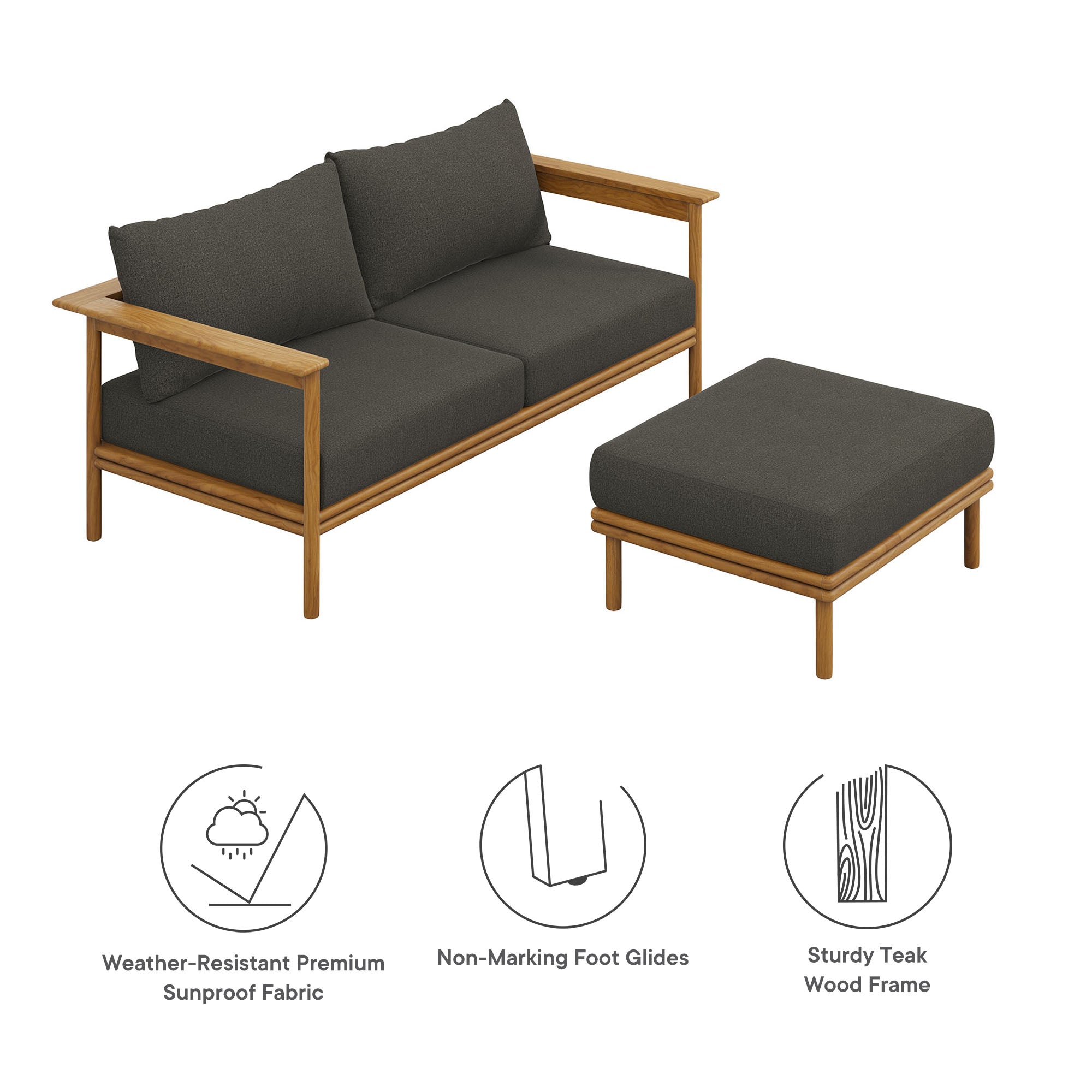 Wren 2-Piece Outdoor Patio Teak Wood Sofa and Ottoman Set, Natural Flint Gray