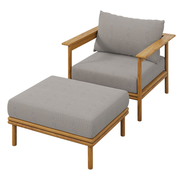 Wren Outdoor Patio Teak Wood Armchair and Ottoman Set, Natural Driftwood