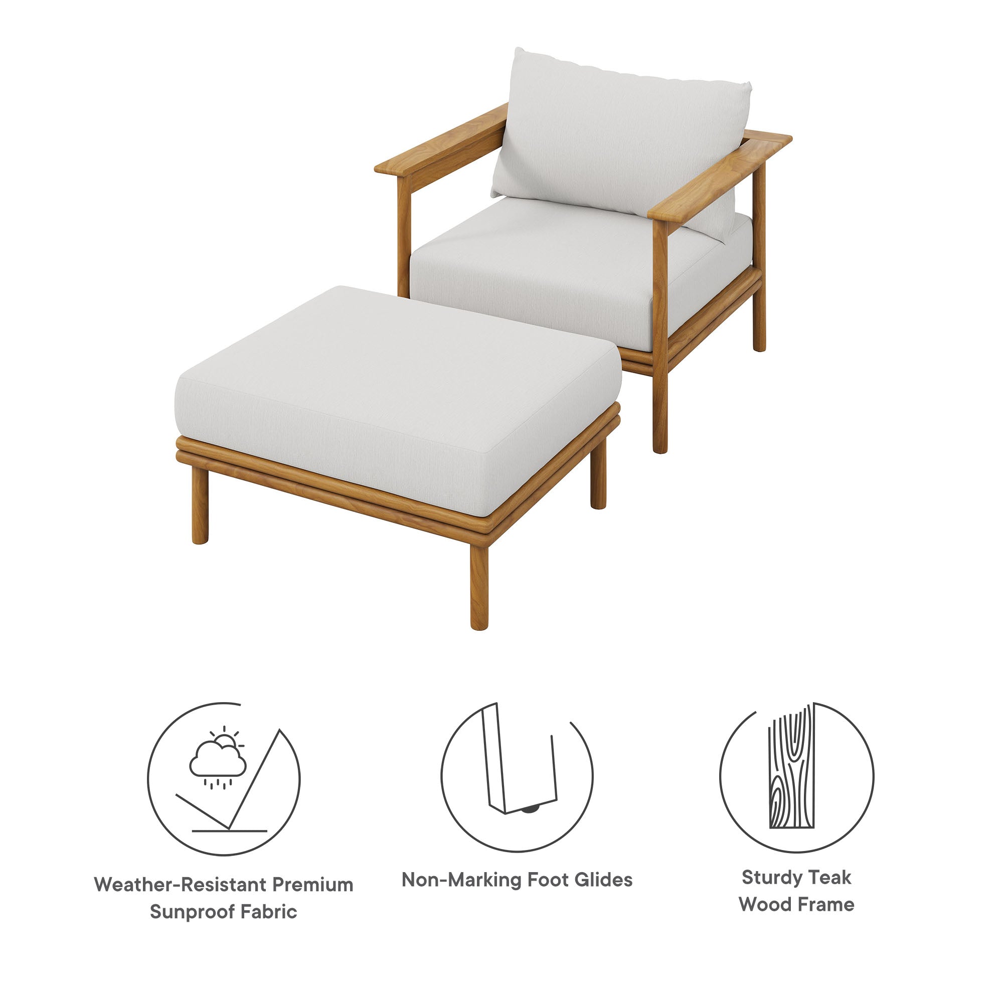 Wren Outdoor Patio Teak Wood Armchair and Ottoman Set, Natural Sail
