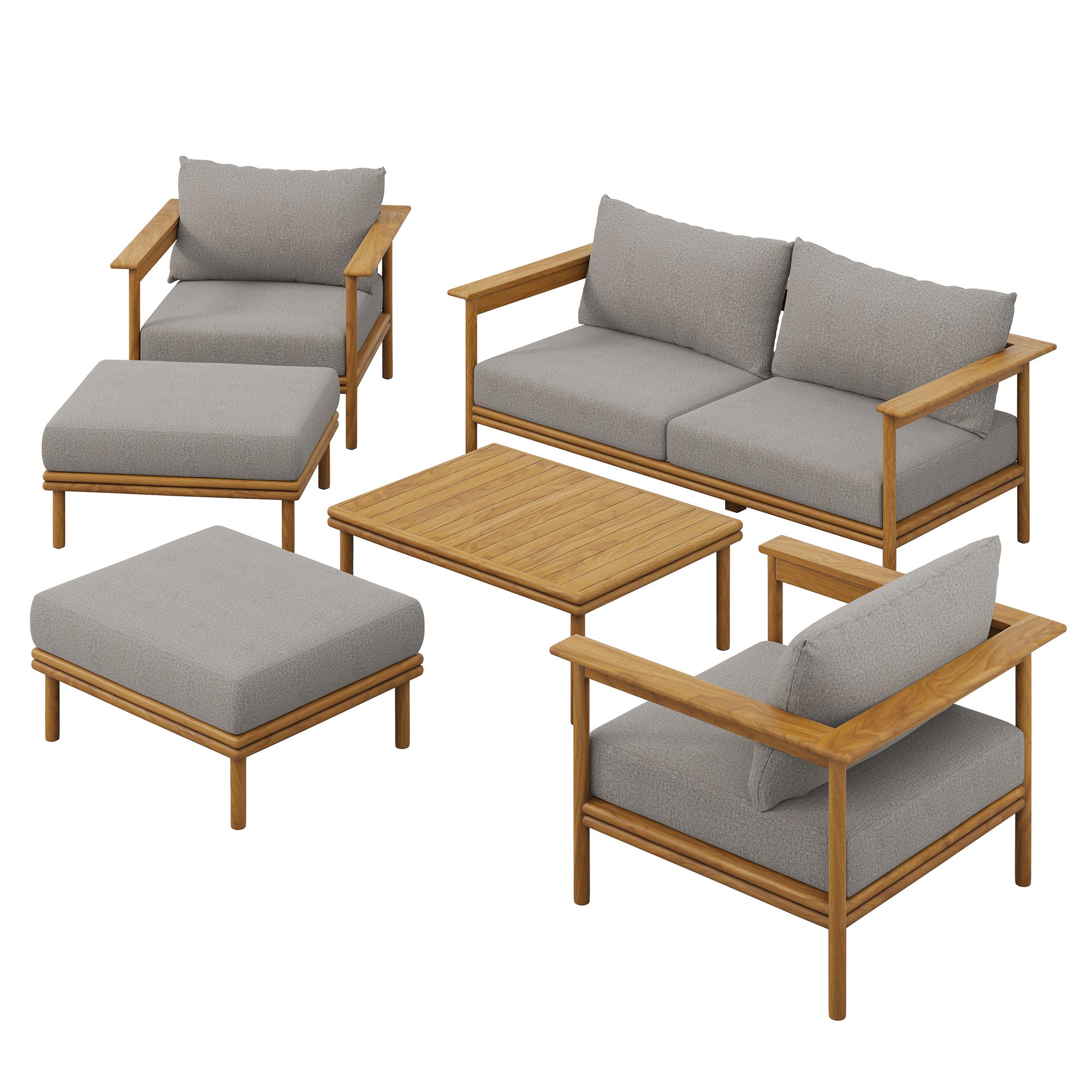 Wren 6-Piece Outdoor Patio Teak Wood Furniture Set, Natural Driftwood