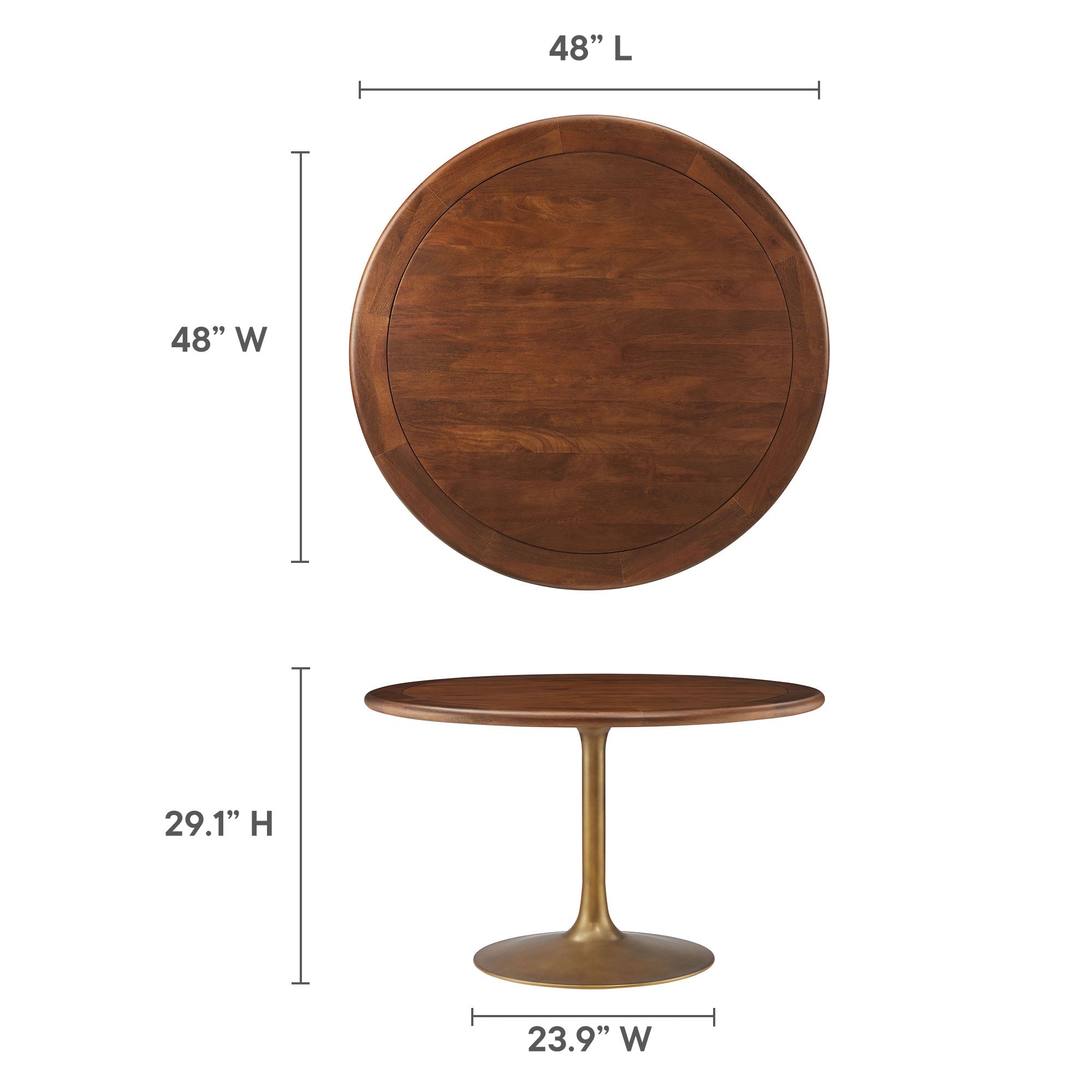 Lippa 48" Round Pedestal Solid Wood Dining Table, Brass Walnut