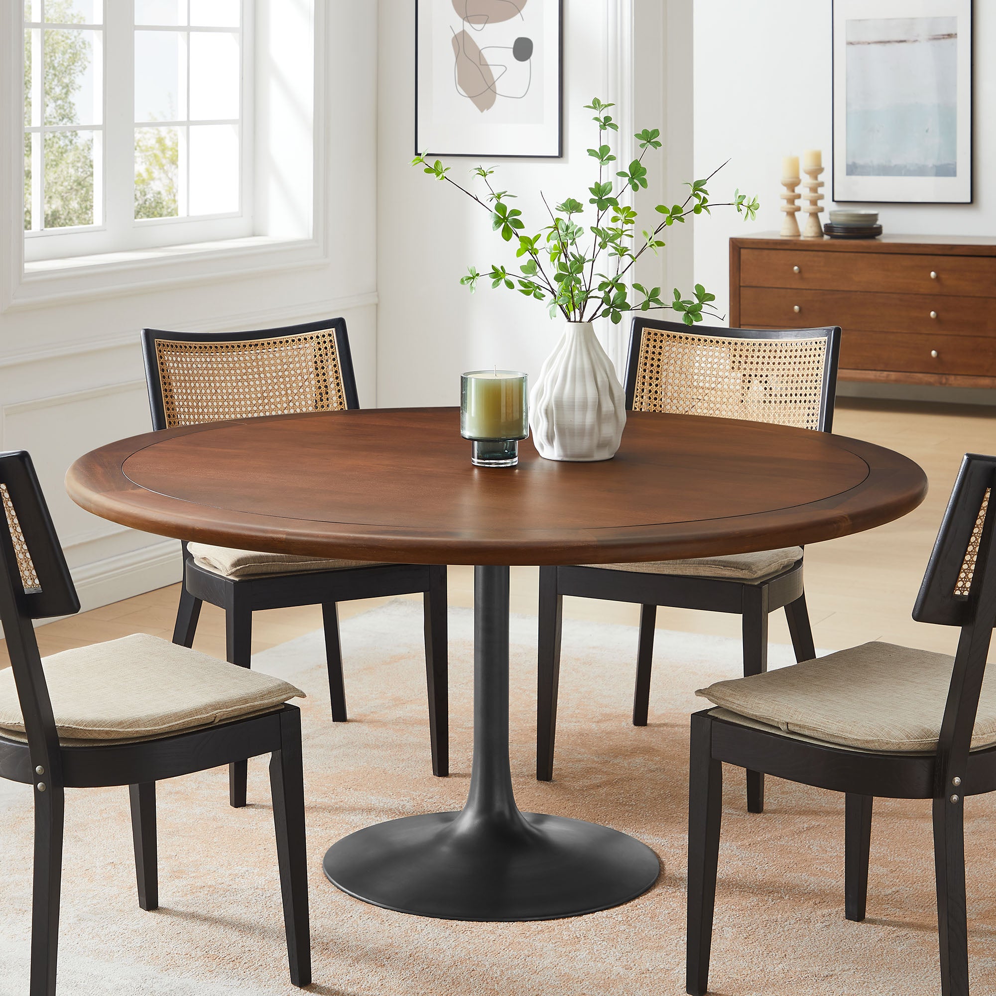 Lippa 60" Round Pedestal Solid Wood Dining Table, Black Walnut