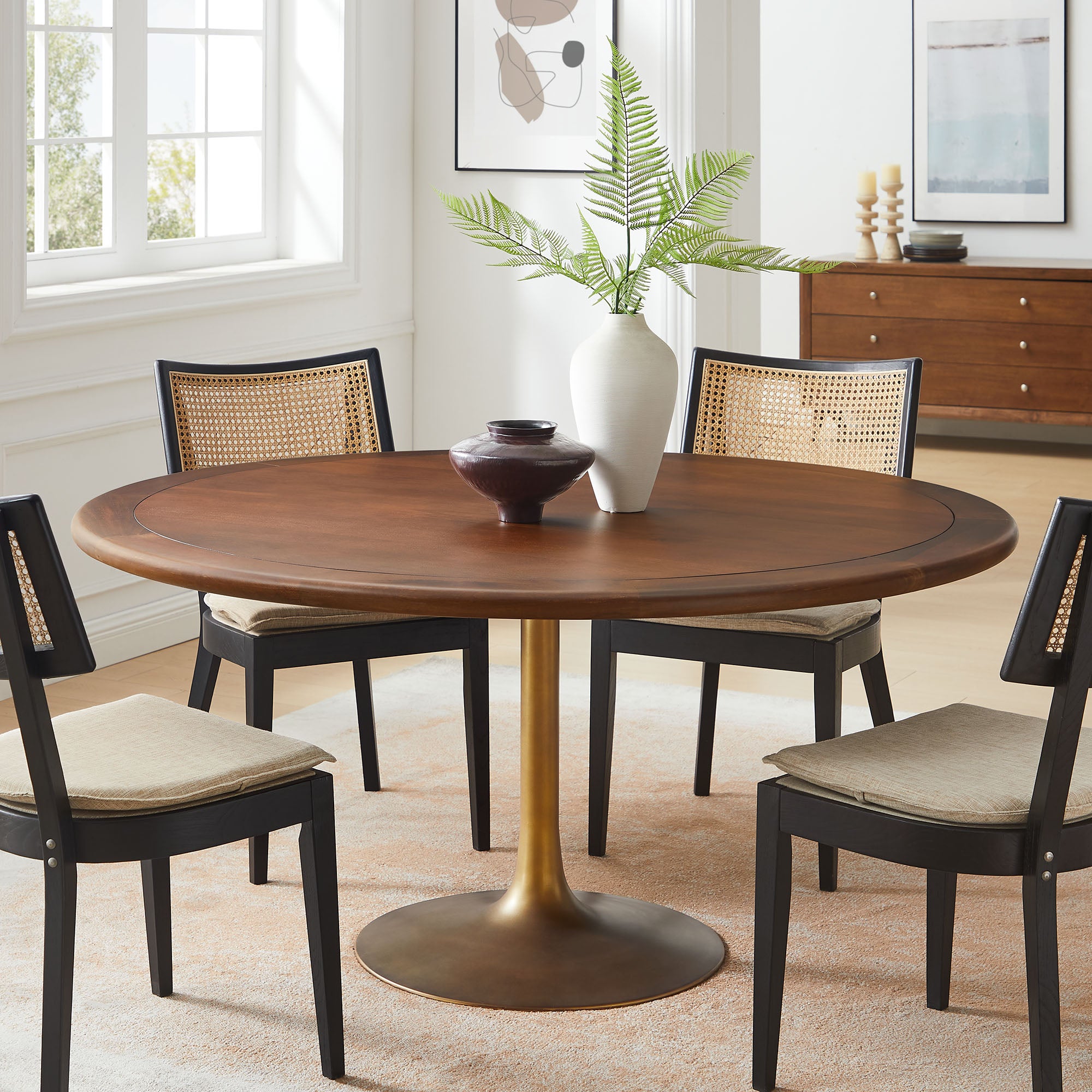 Lippa 60" Round Pedestal Solid Wood Dining Table, Brass Walnut