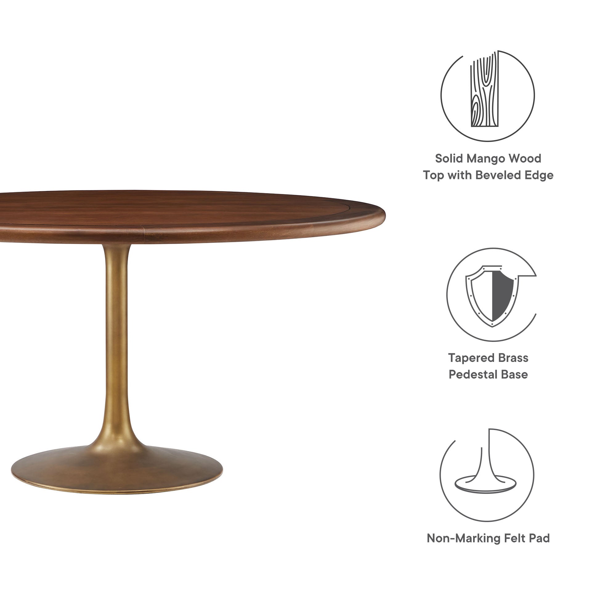Lippa 60" Round Pedestal Solid Wood Dining Table, Brass Walnut