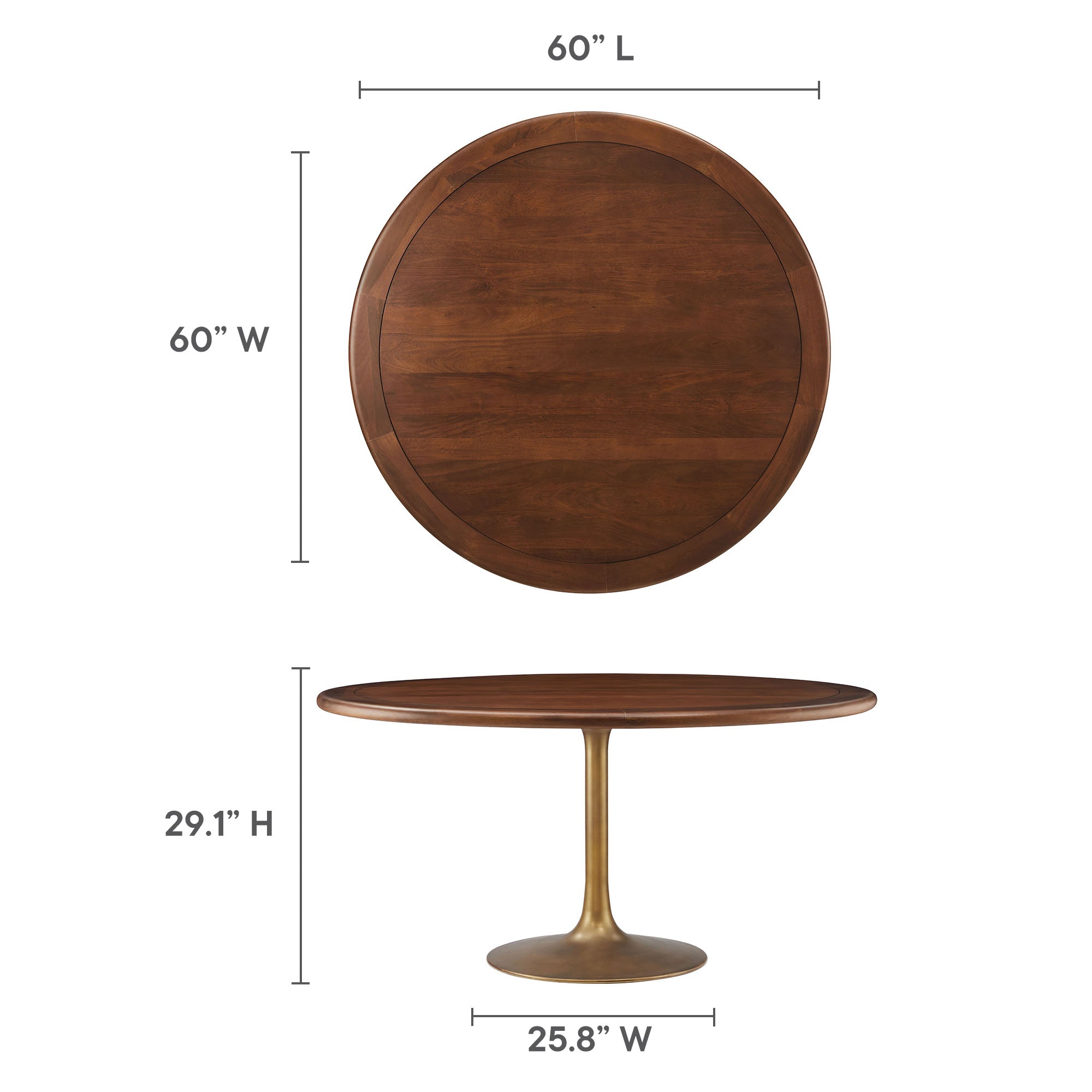 Lippa 60" Round Pedestal Solid Wood Dining Table, Brass Walnut
