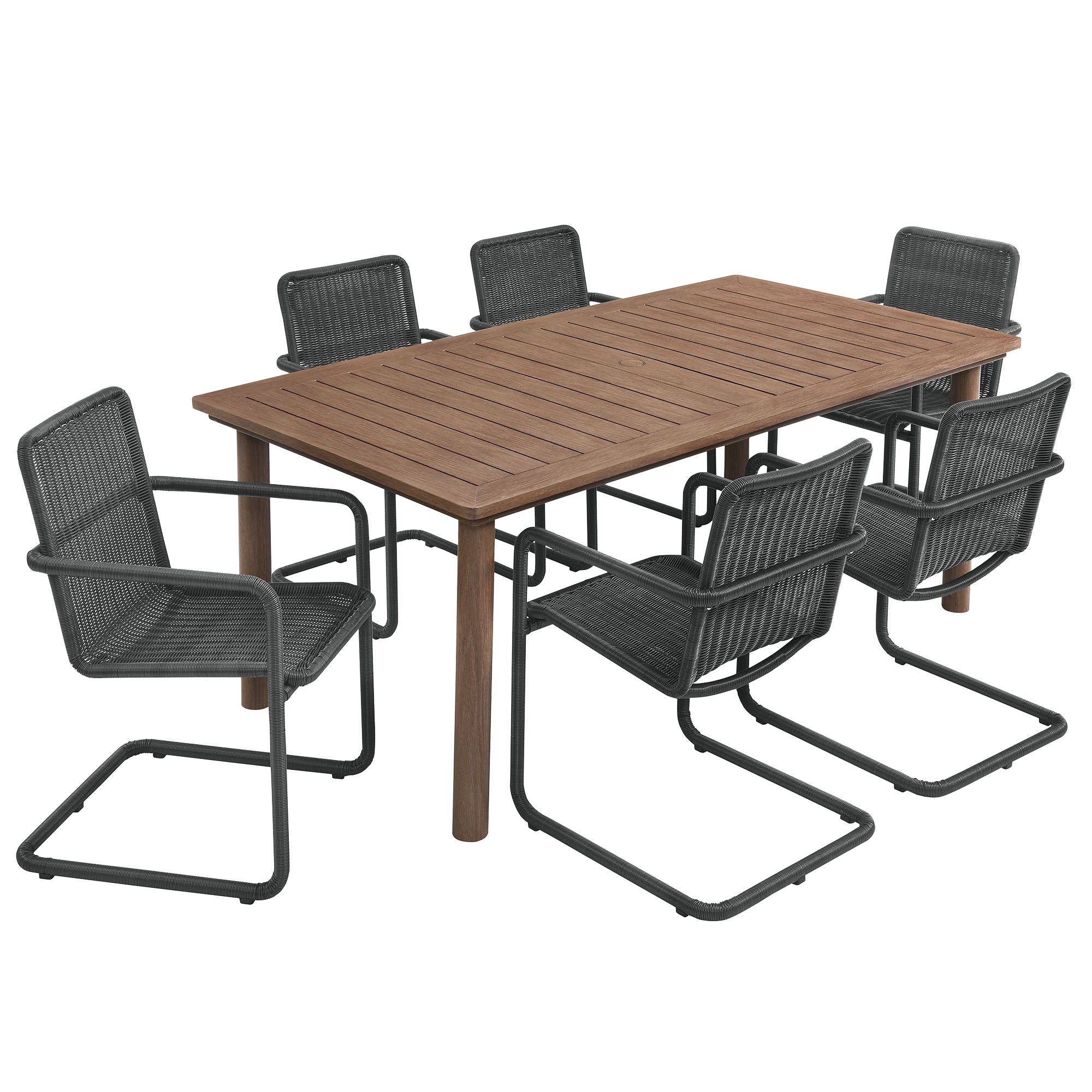 Abacus 7-Piece Rectangular Outdoor Patio Aluminum Dining Table Set with Rattan Armchairs, Slate Walnut