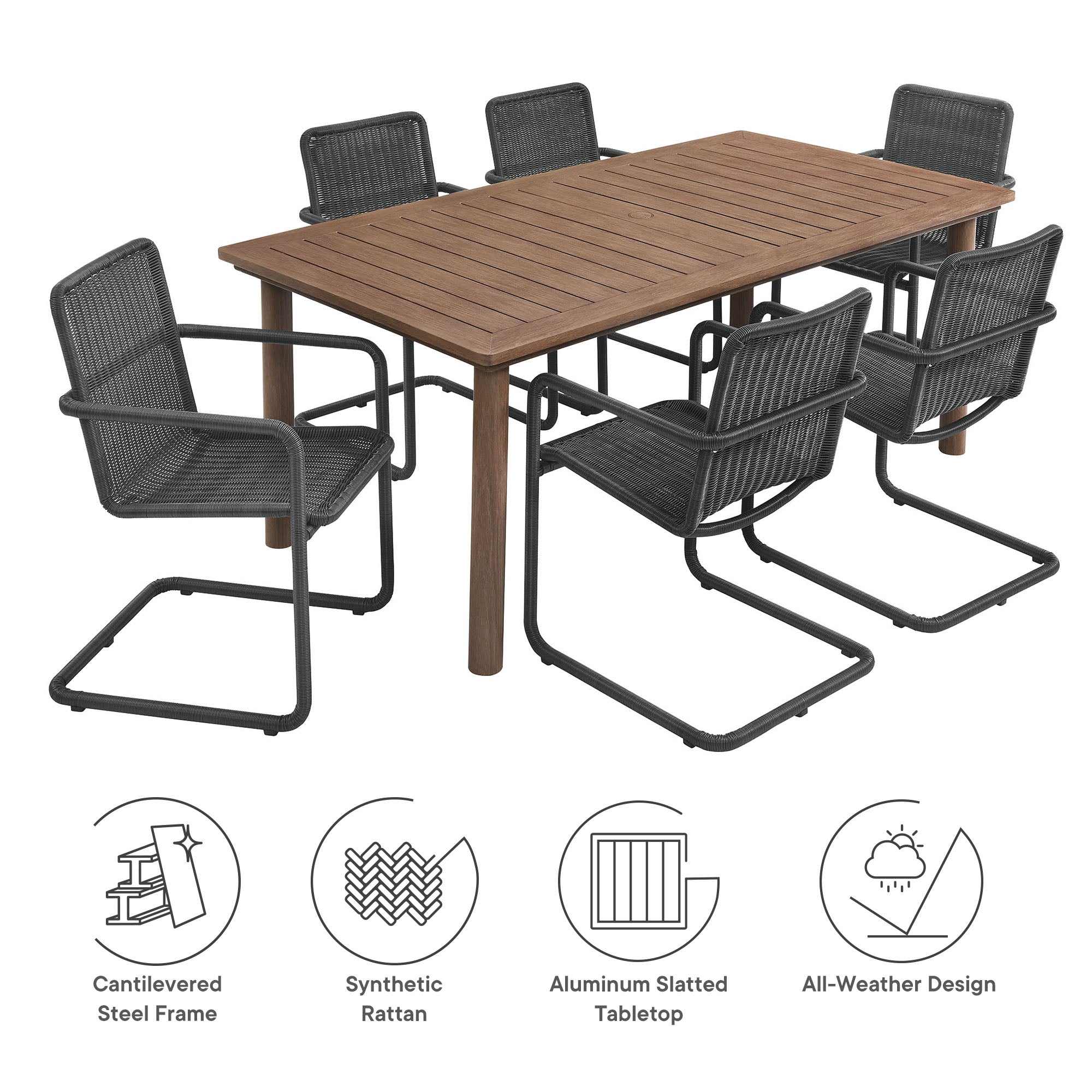 Abacus 7-Piece Rectangular Outdoor Patio Aluminum Dining Table Set with Rattan Armchairs, Slate Walnut