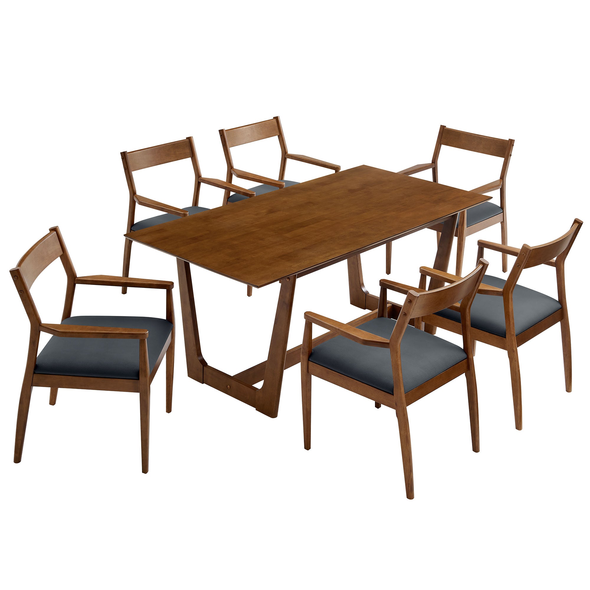 Solara 7-Piece Wood Dining Set with Vegan Leather Armchairs, Walnut Black