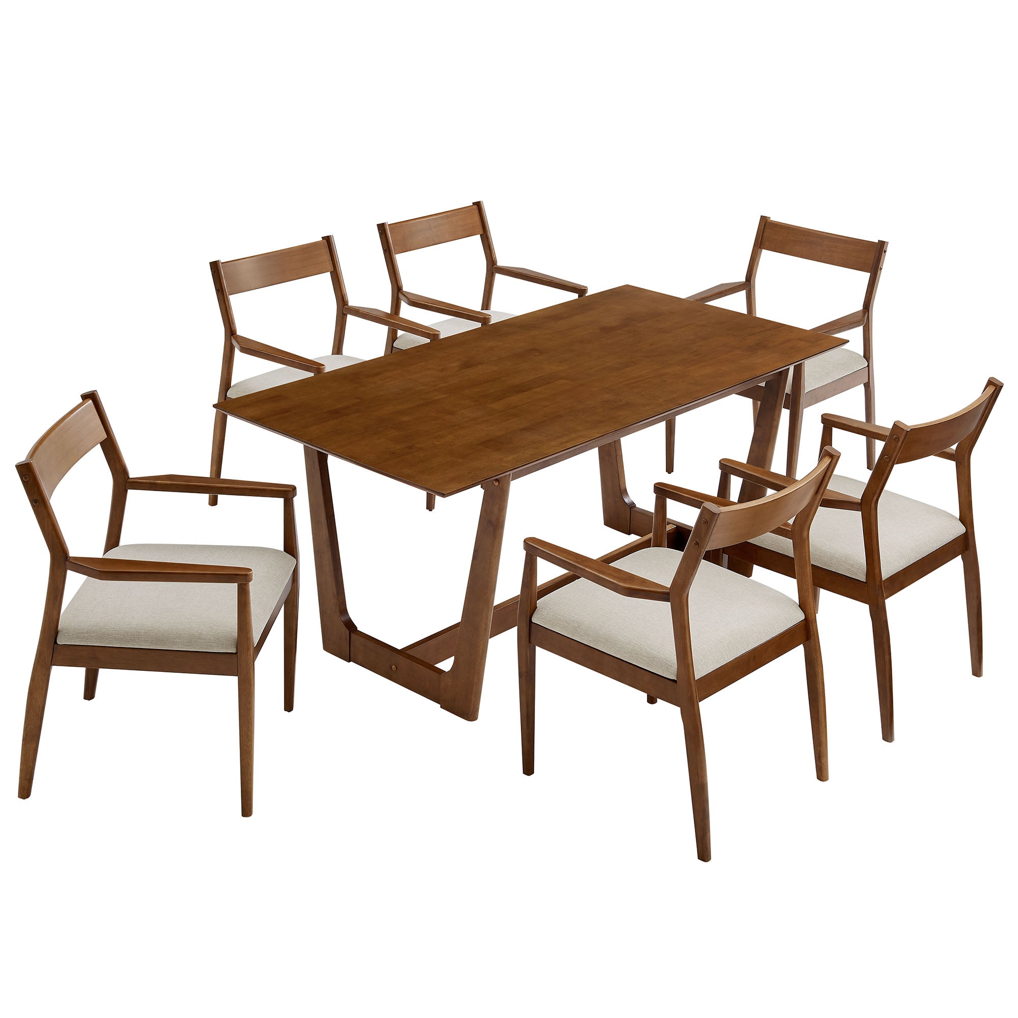 Solara 7-Piece Wood Dining Set with Fabric Upholstered Armchairs, Walnut Heathered Weave Beige