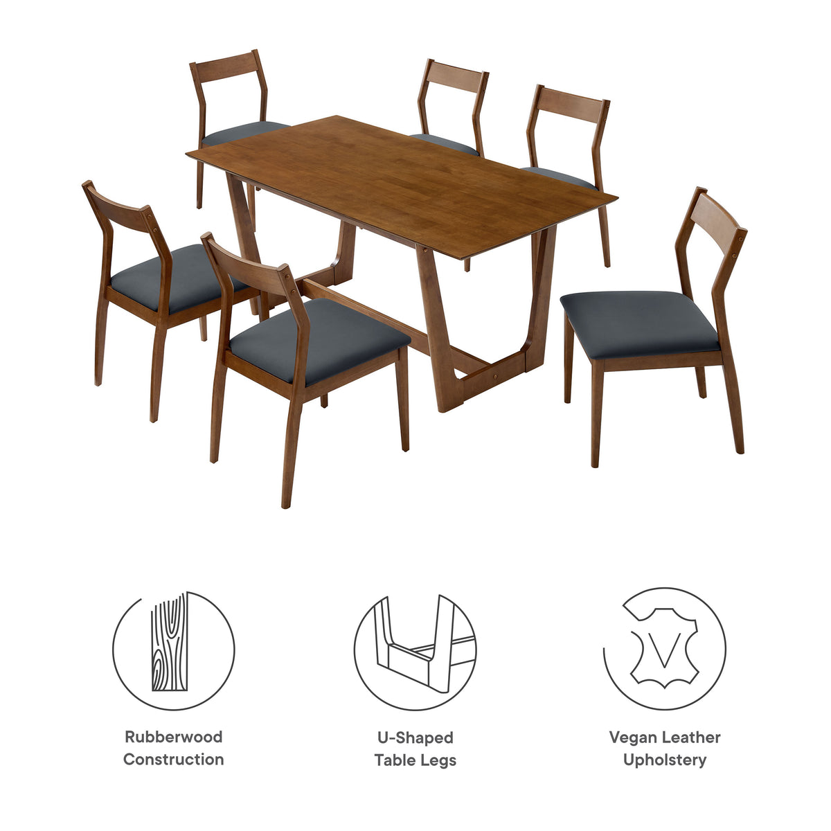 Solara 7-Piece Wood Dining Set with Vegan Leather Side Chairs, Walnut Black