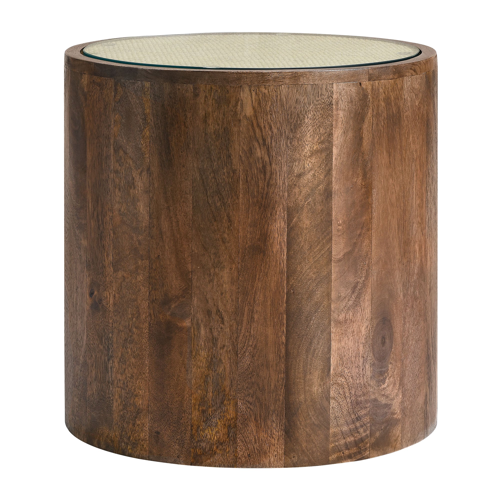 Truett Round Wood Rattan Side Table, Walnut