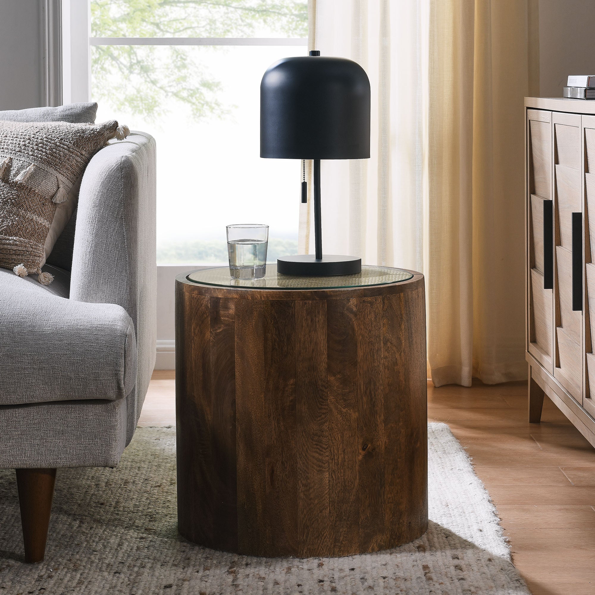 Truett Round Wood Rattan Side Table, Walnut