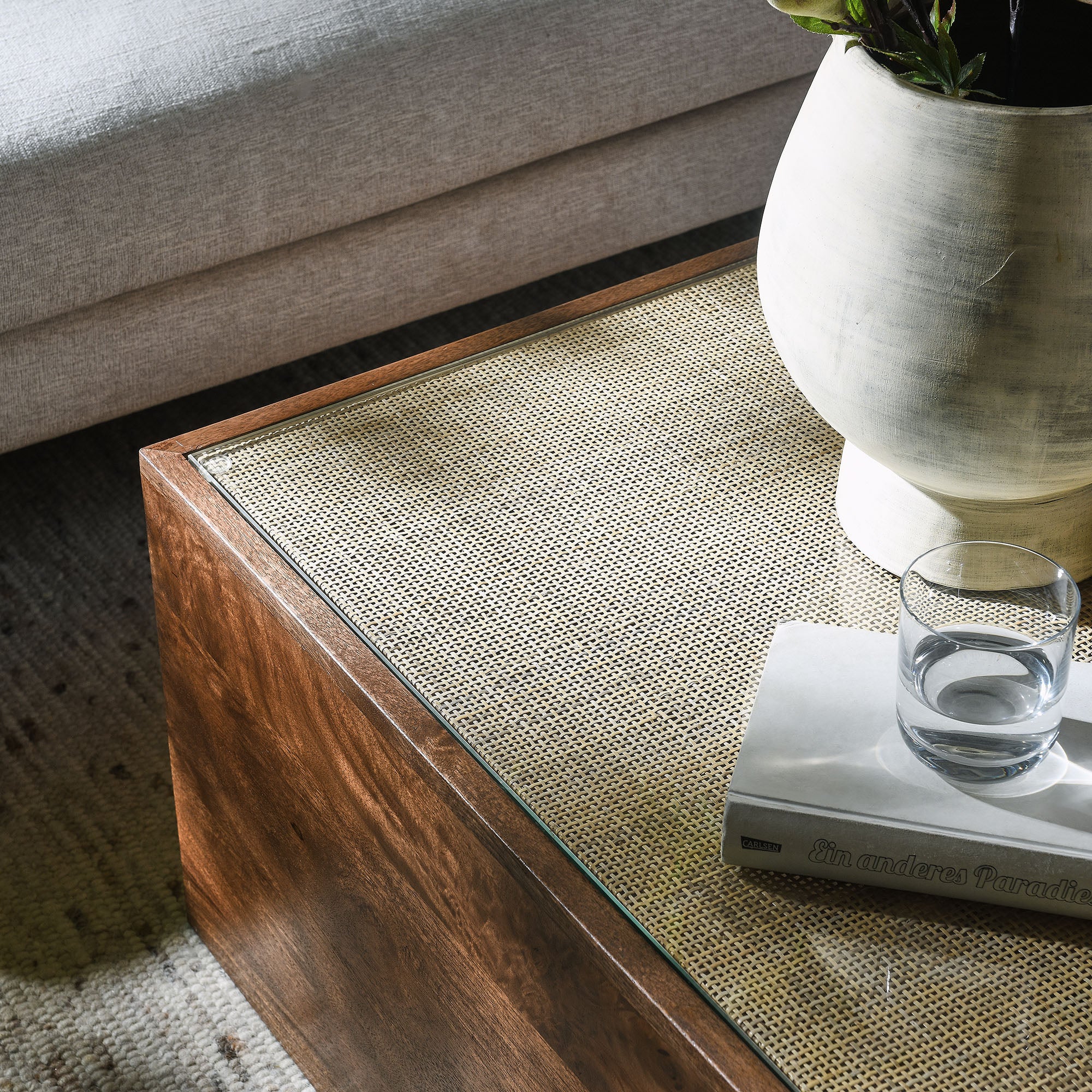 Truett Square Wood Rattan Coffee Table, Walnut