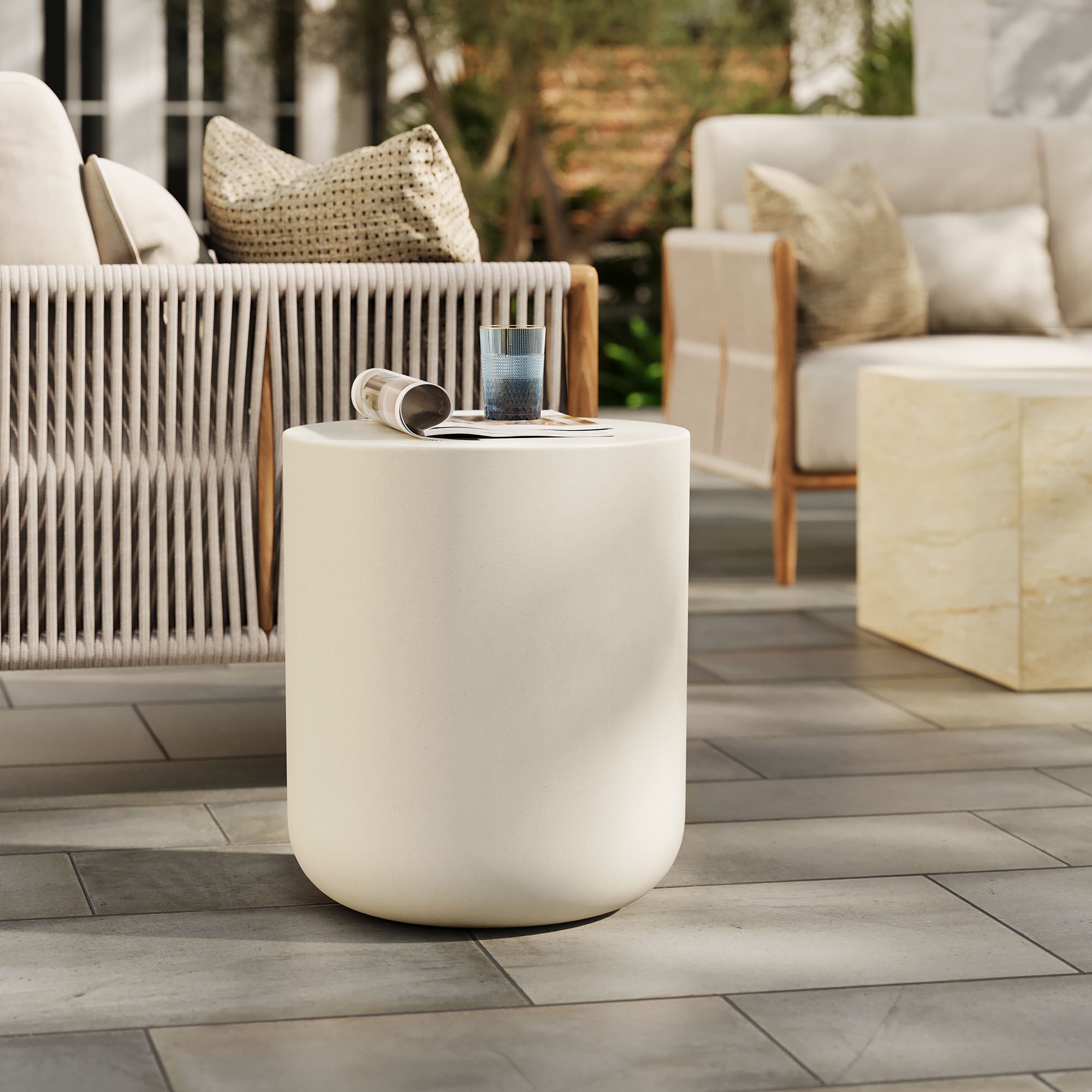Brion Indoor - Outdoor Patio Concrete Stool, White