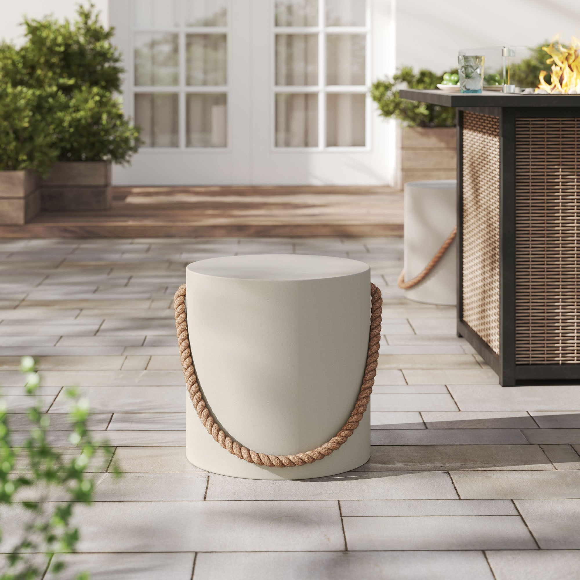 Isera Indoor - Outdoor Patio Rope Concrete Side Table Stool, Light Gray