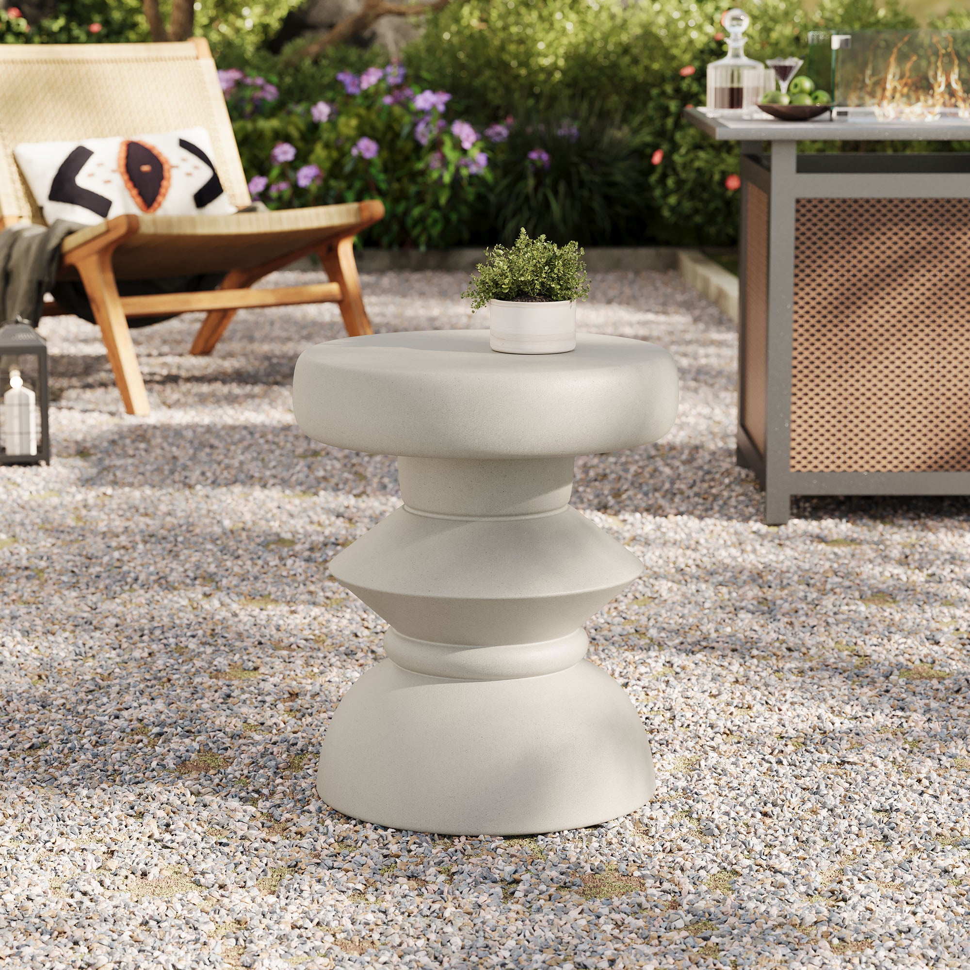 Terza Indoor - Outdoor Patio Concrete Side Table, Light Gray