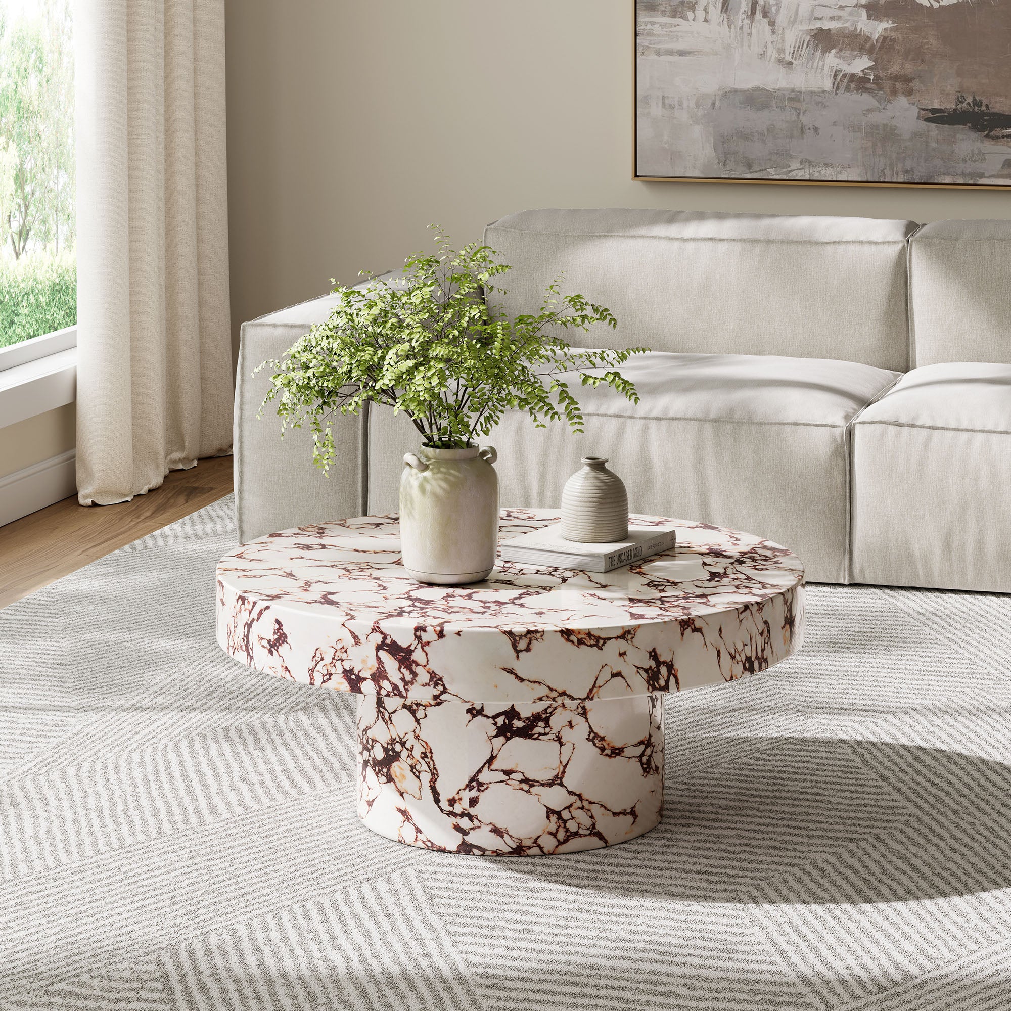 Alora Indoor - Outdoor Patio Concrete Round Coffee Table, Red Marble