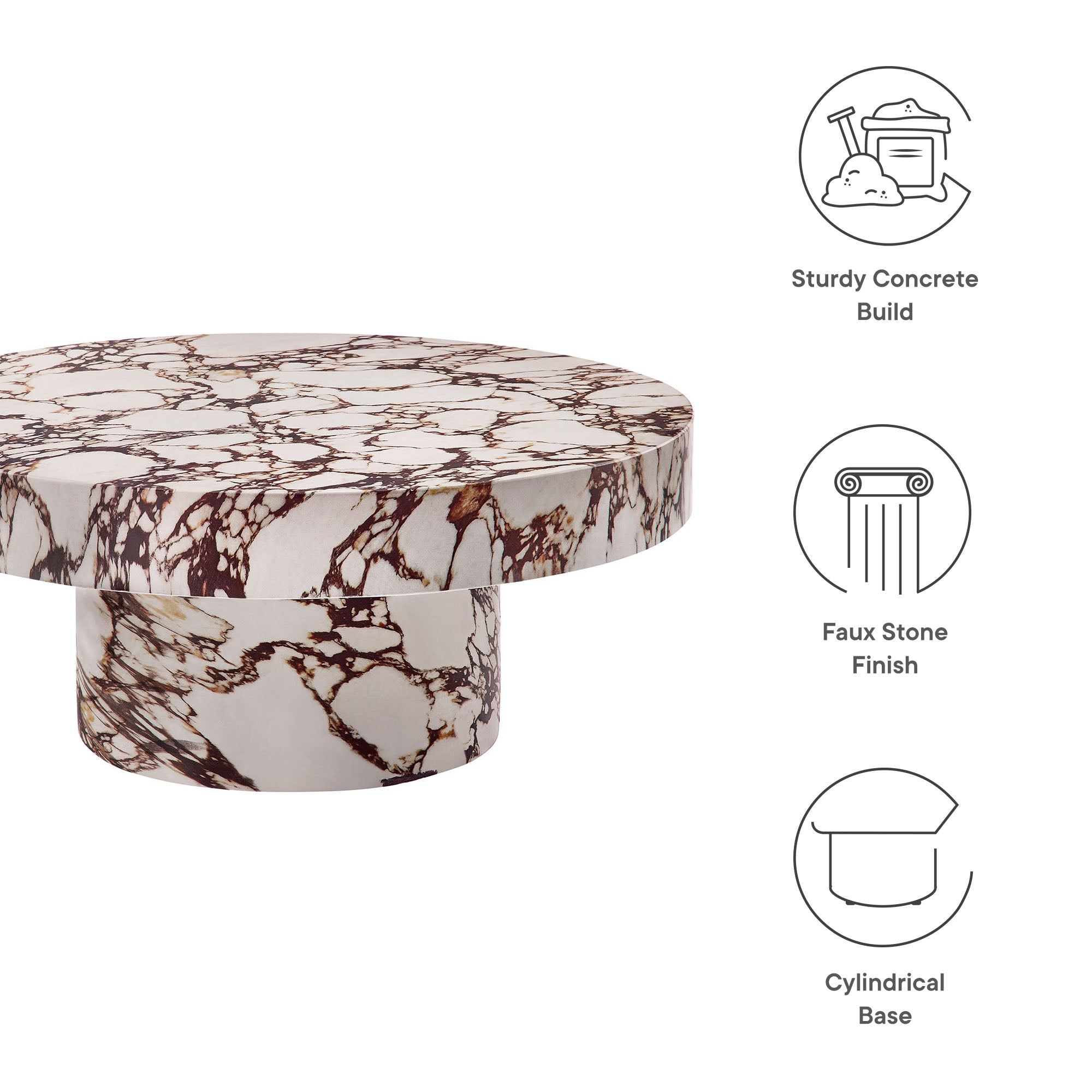 Alora Indoor - Outdoor Patio Concrete Round Coffee Table, Red Marble