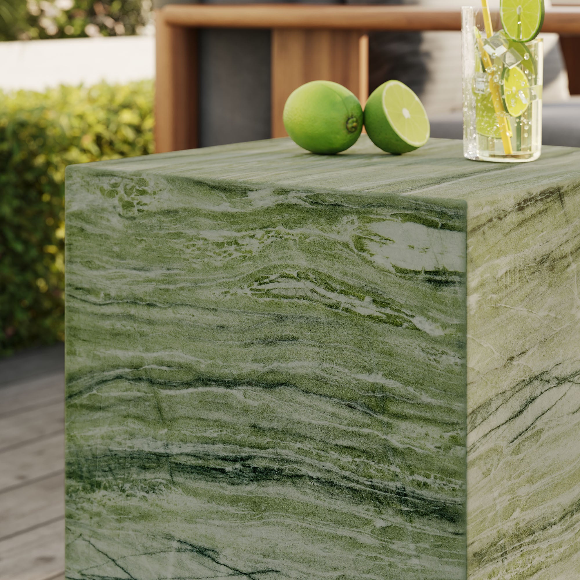 Jordana Square Plinth Indoor - Outdoor Patio Concrete Side Table, Green Marble