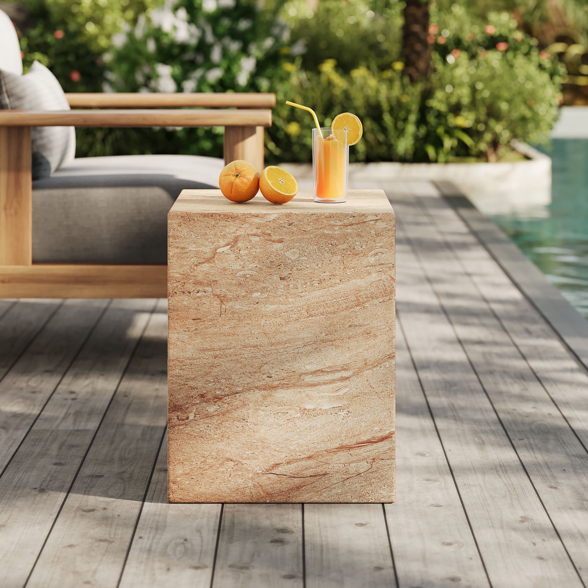 Jordana Square Plinth Indoor - Outdoor Patio Concrete Side Table, Travertine