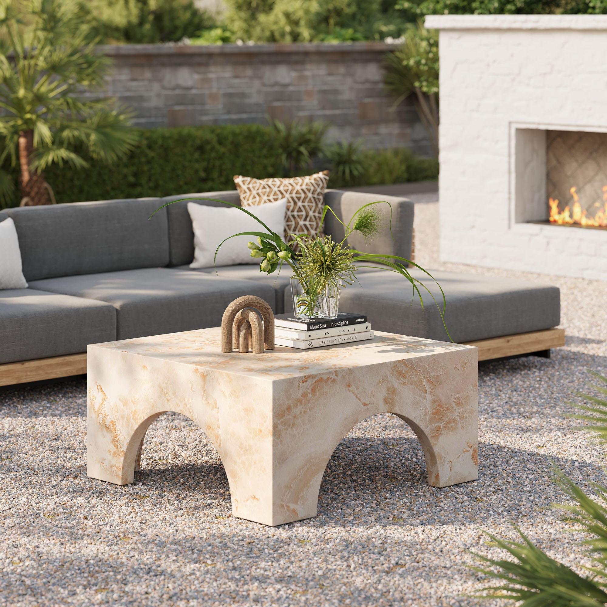 Valen Indoor - Outdoor Patio Arched Concrete Coffee Table, Honey Onyx