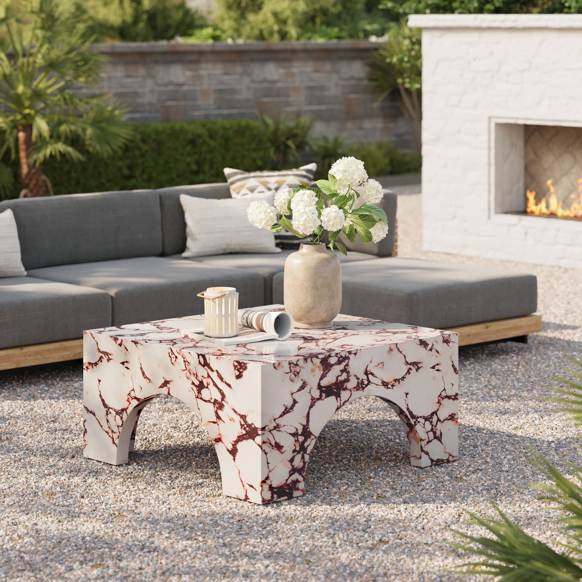 Valen Indoor - Outdoor Patio Arched Concrete Coffee Table, Red Marble