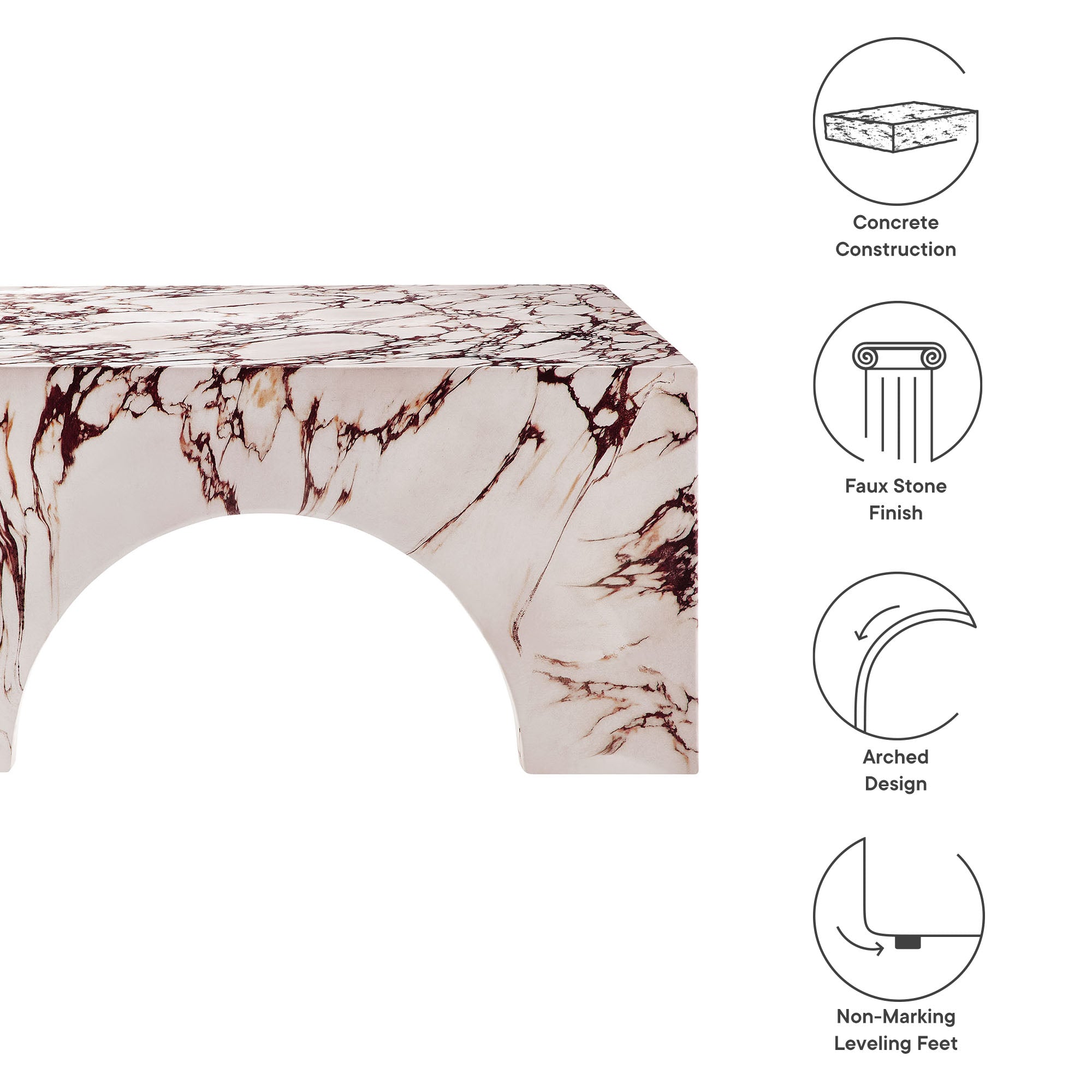 Valen Indoor - Outdoor Patio Arched Concrete Coffee Table, Red Marble