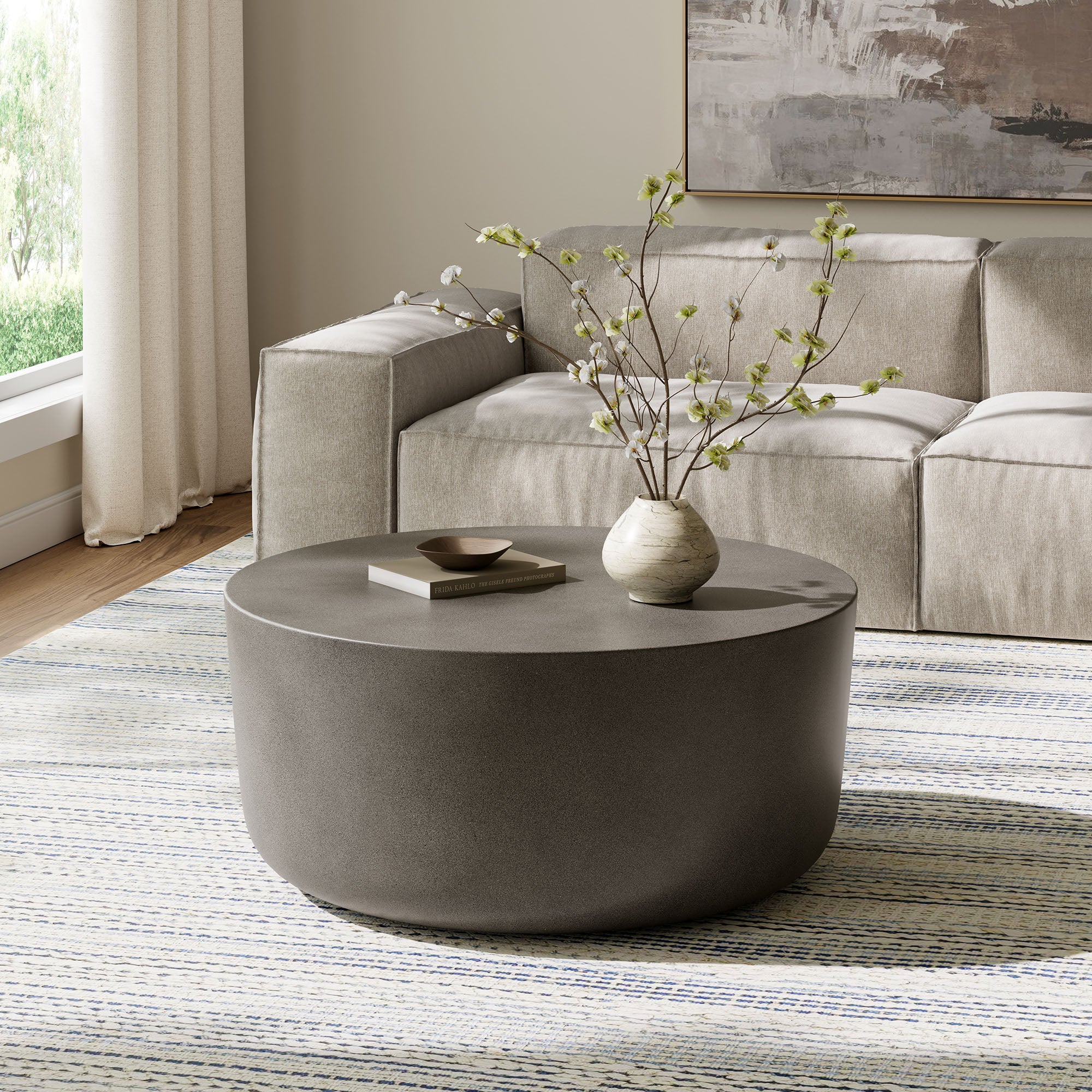 Brion Round Indoor - Outdoor Patio Concrete Coffee Table, Gray