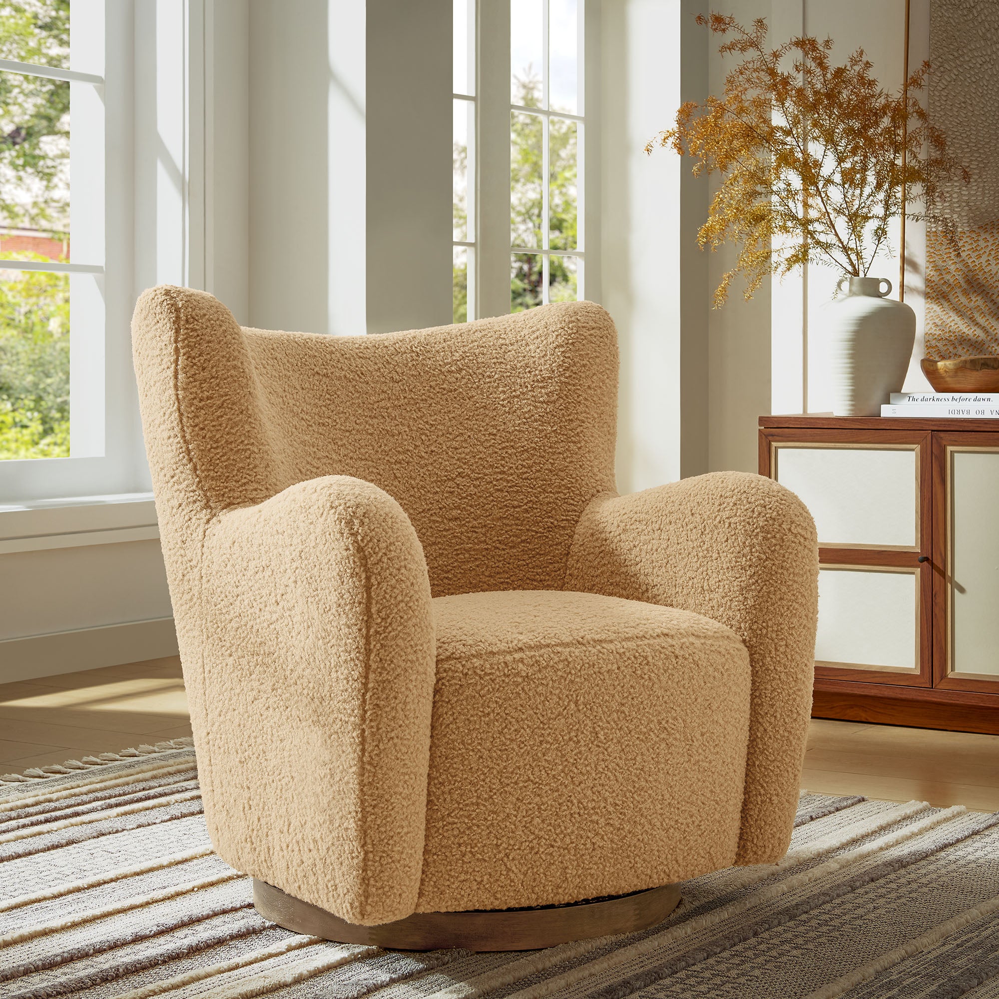 Montrose Wingback Sherpa Swivel Accent Chair, Camel Walnut