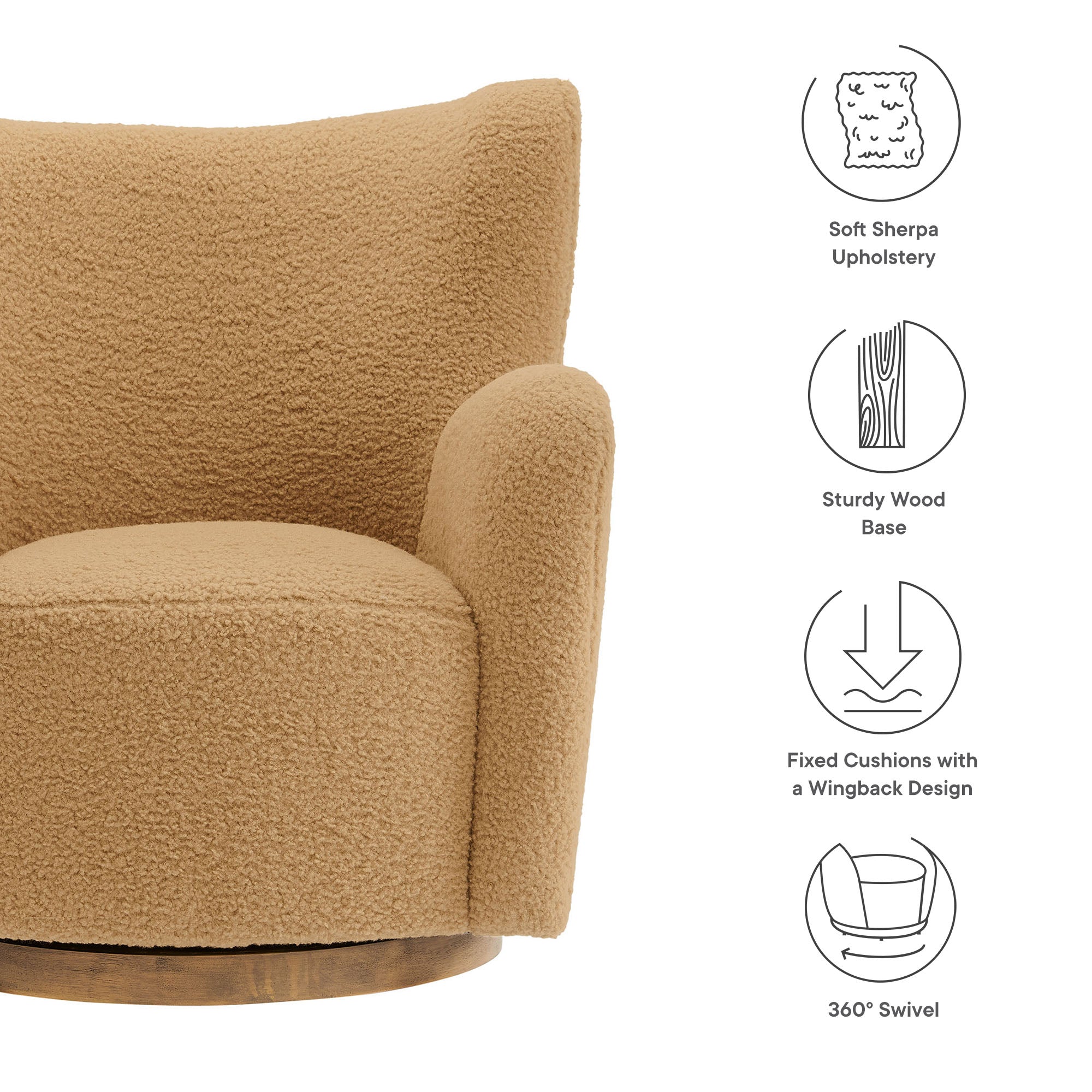 Montrose Wingback Sherpa Swivel Accent Chair, Camel Walnut